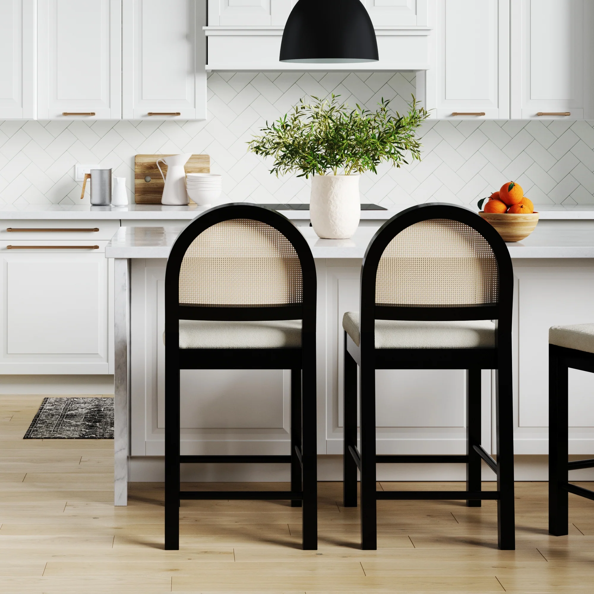 Boucle & Rattan Counter Height Bar Stool Black - Image 2
