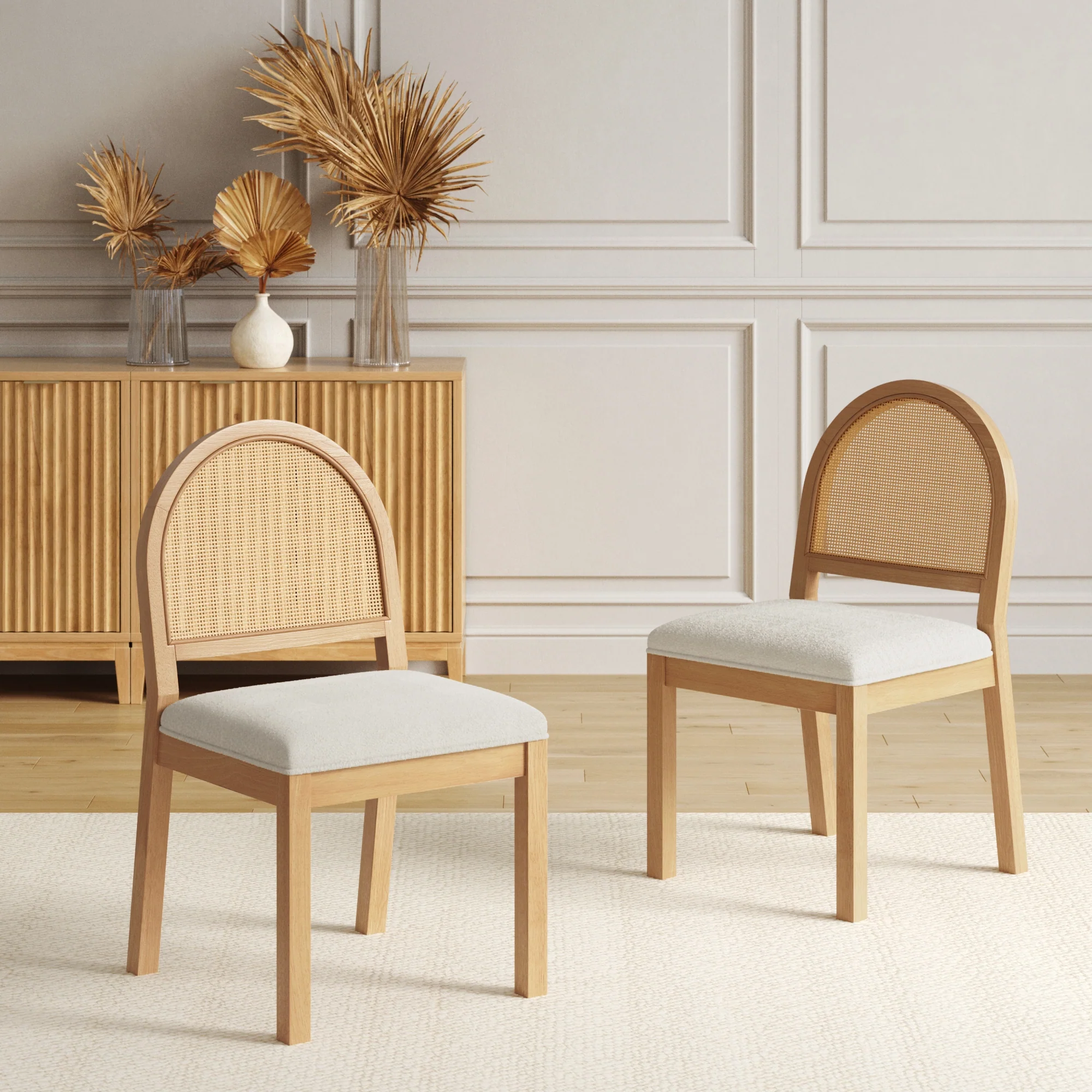 Boucle & Rattan Dining Chair Warm Pine (Set of 2) - Image 2