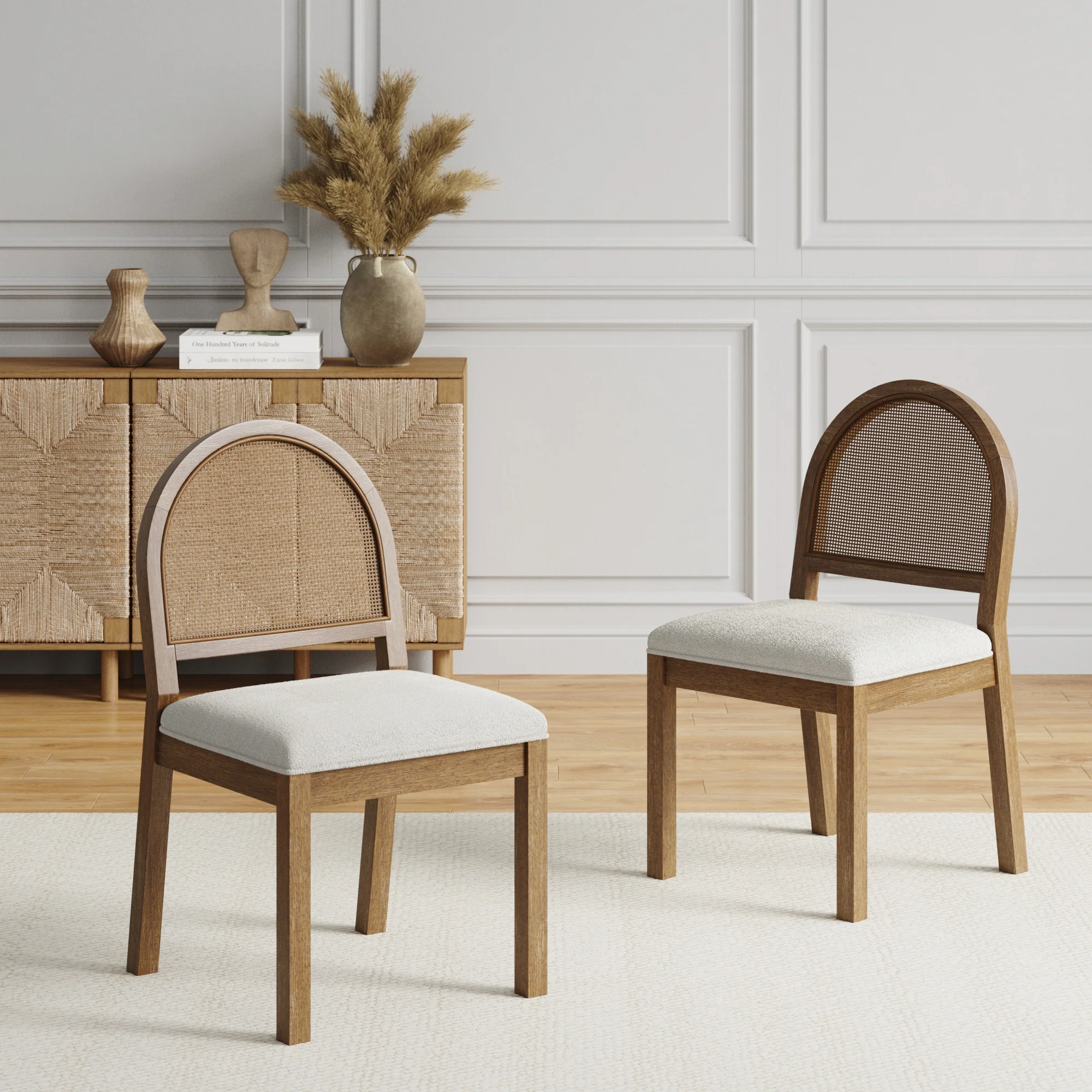 Boucle & Rattan Dining Chairs Light Brown (Set of 2) - Image 2