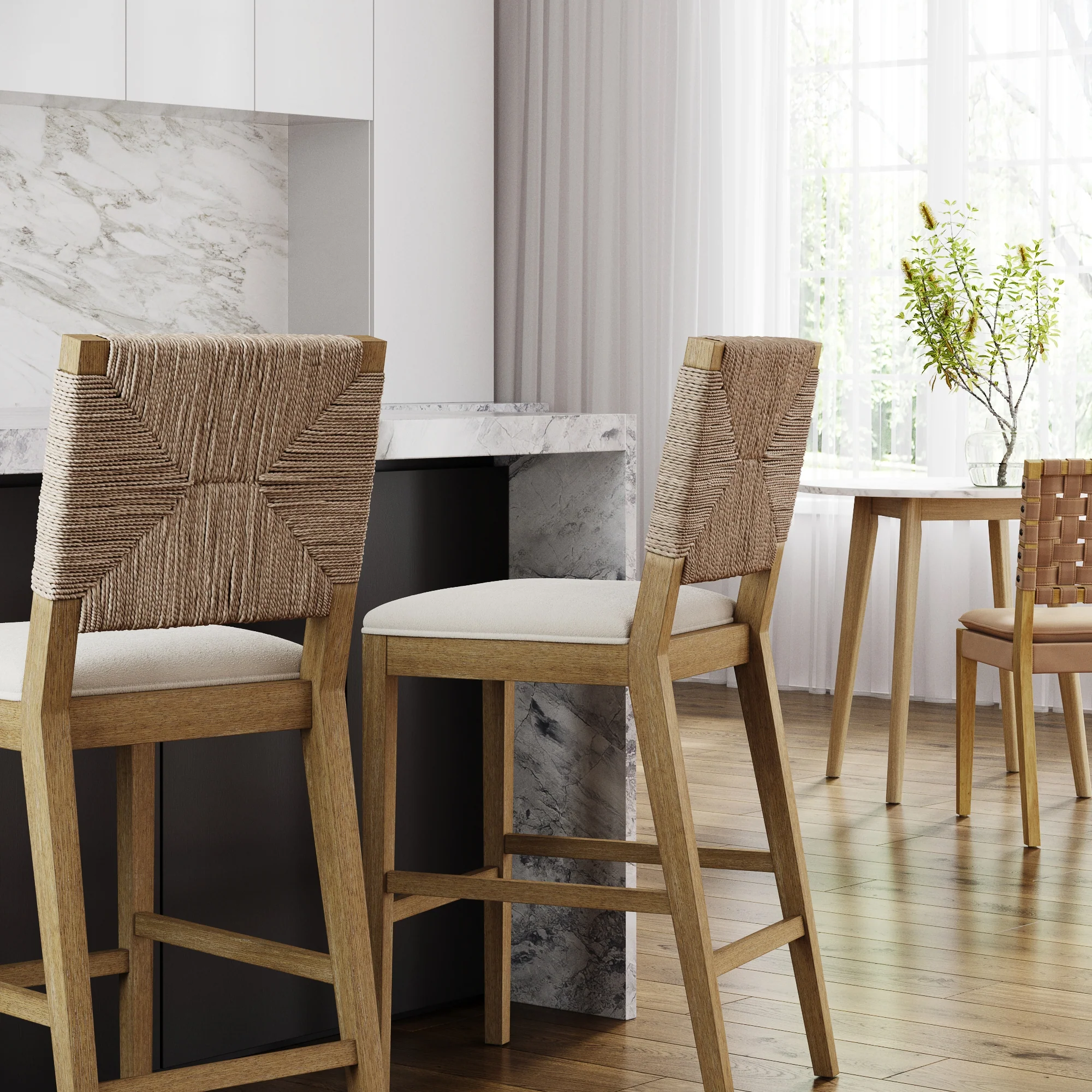 Boucle & Seagrass Bar Stool Light Brown (Set of 2) - Image 2