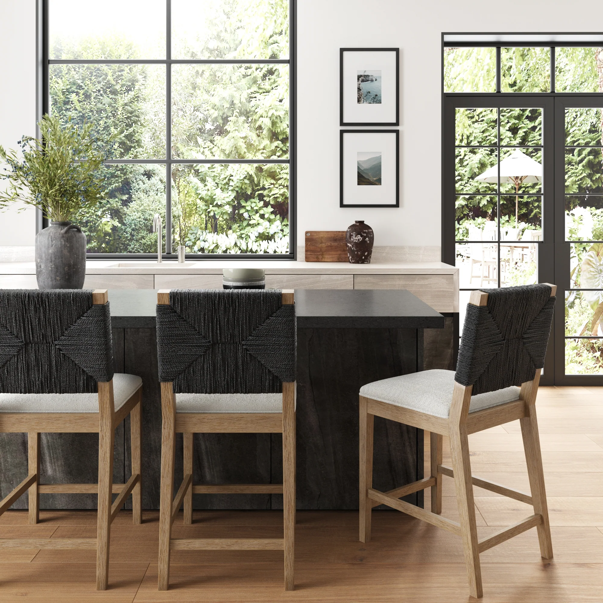 Boucle & Seagrass Boho Counter Height Bar Stool Black - Image 2