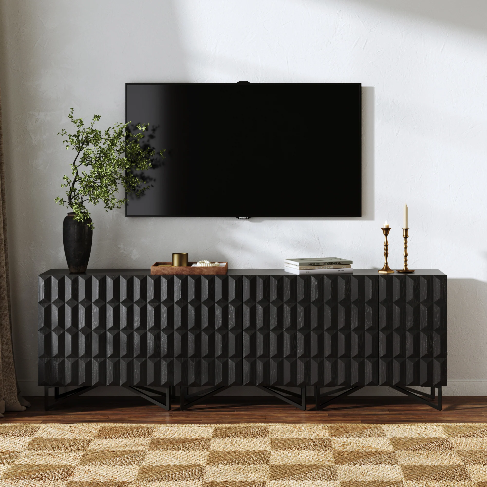 Modern TV Console with Textured Front for 75-85" TVs Black Oak