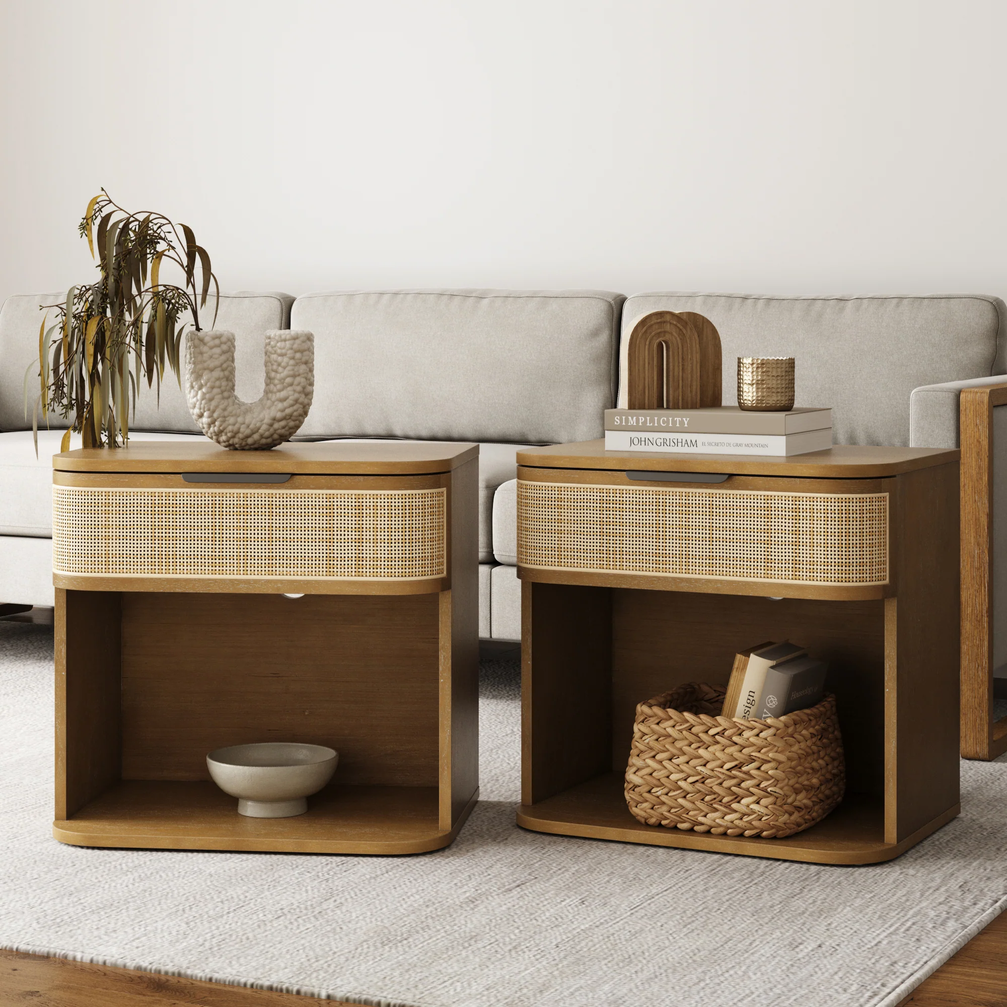 Curved Rattan Nightstand Set with Drawer Light Brown