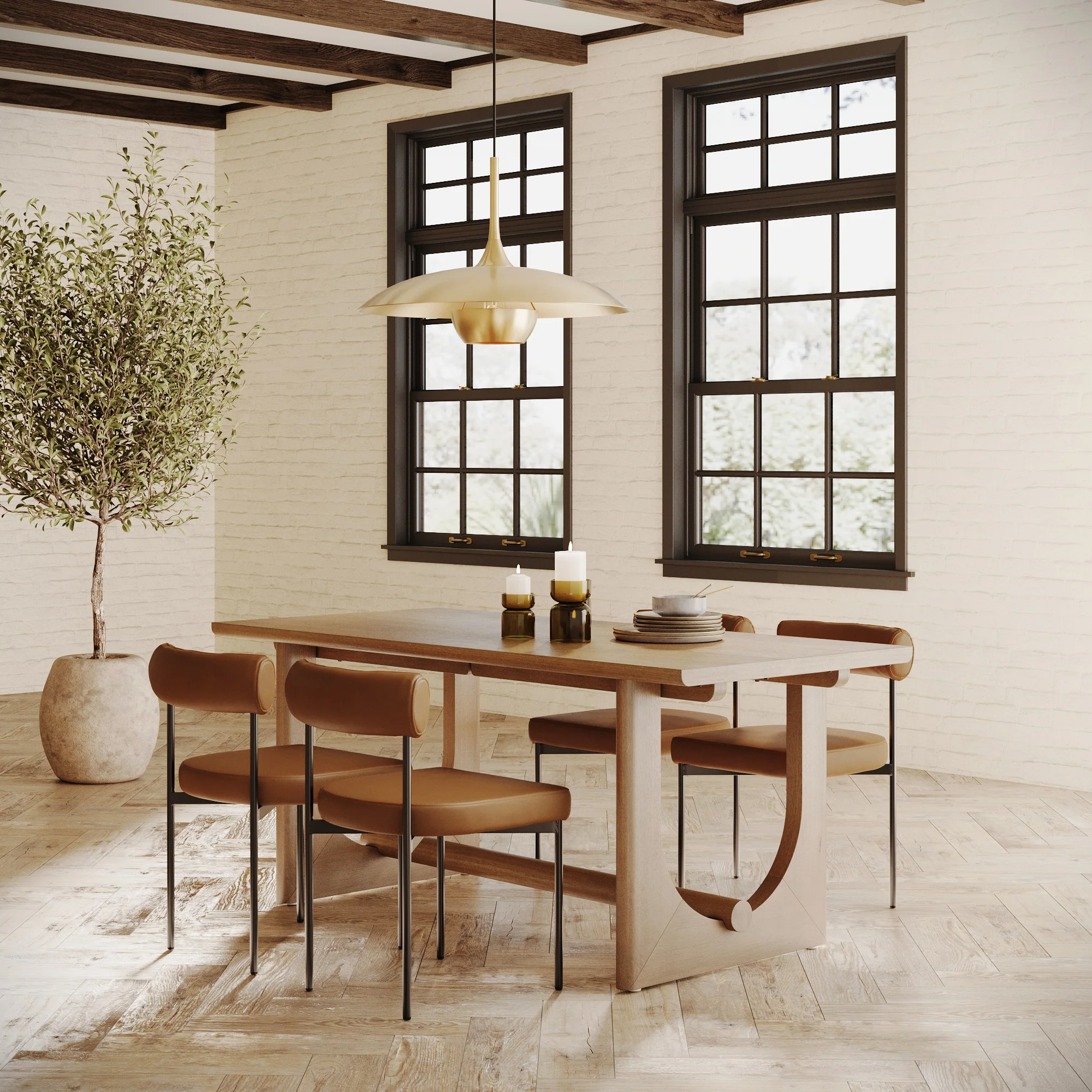 Mid-Century Faux Leather Dining Room Set for 4 (4 Chairs)
