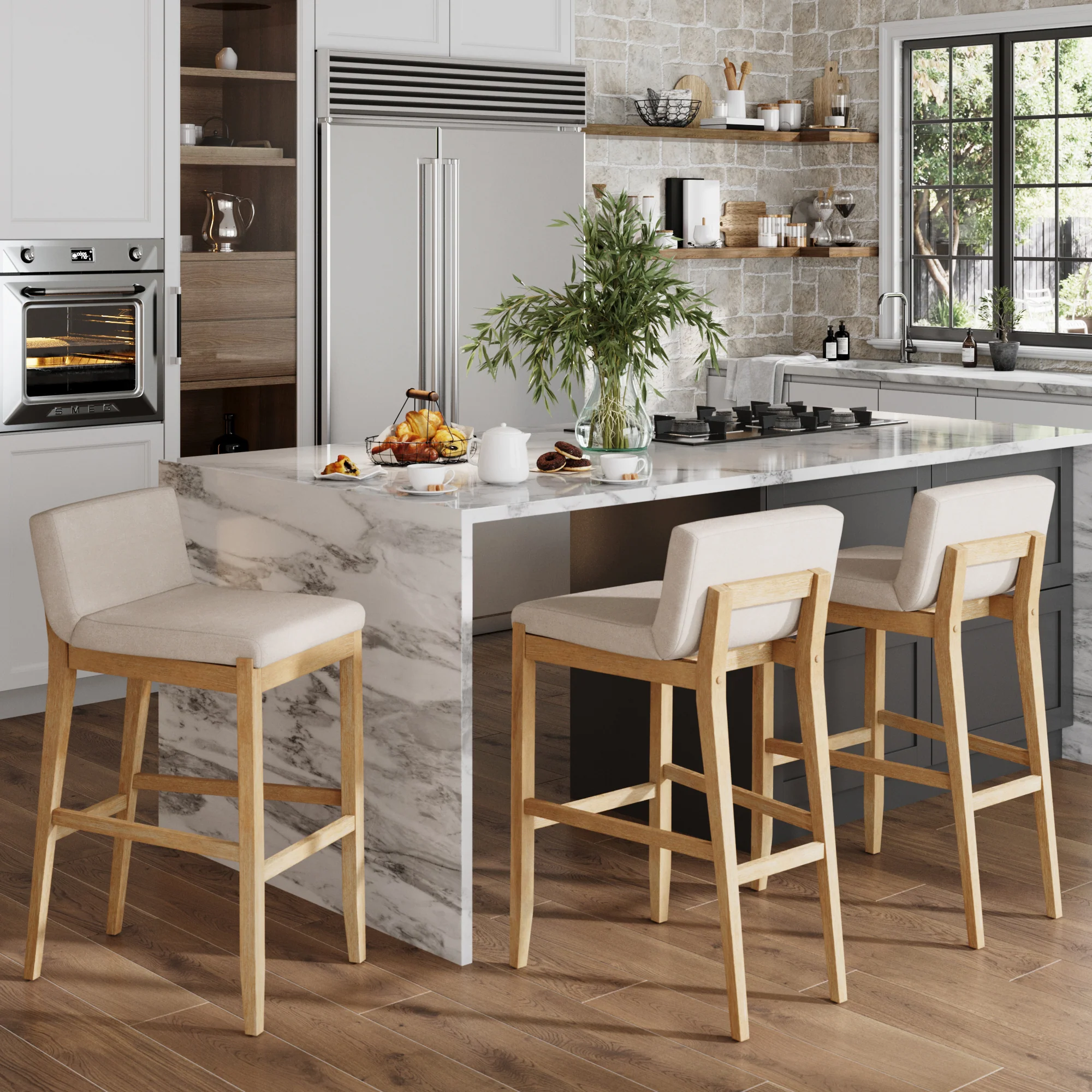 Exposed Wood Back Boucle Bar Stool Warm Pine Boucle (Set of 3) - Image 2