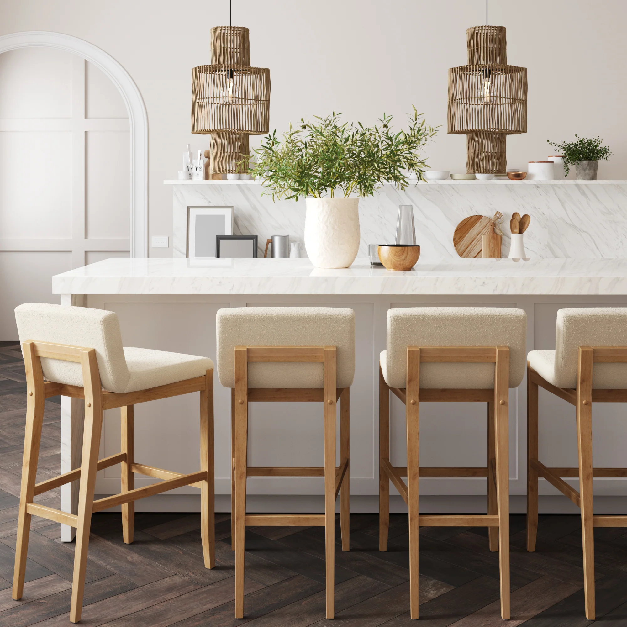 Exposed Wood Back Boucle Bar Stool Warm Pine Boucle (Set of 4)