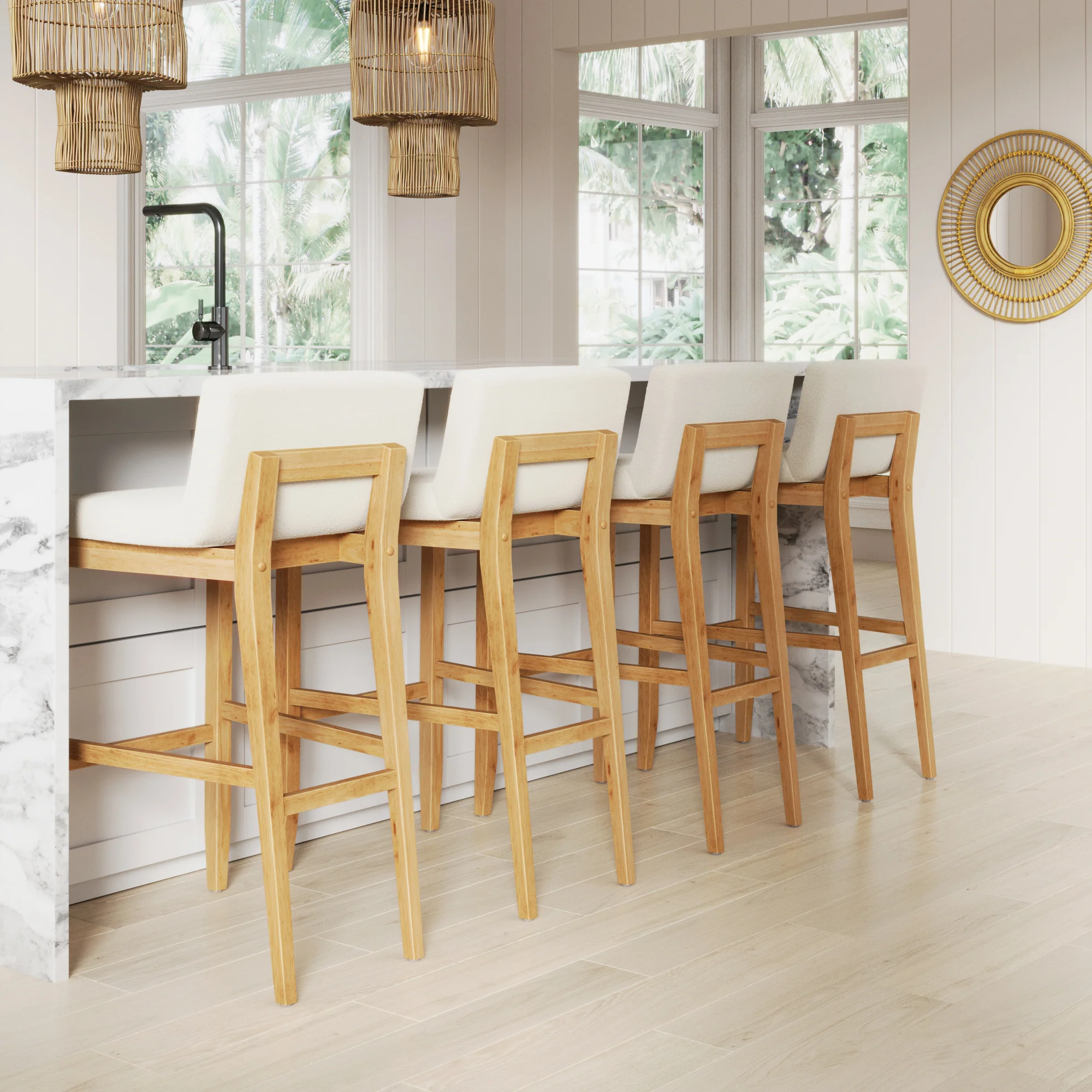 Exposed Wood Back Boucle Bar Stool Warm Pine Boucle (Set of 4) - Image 2