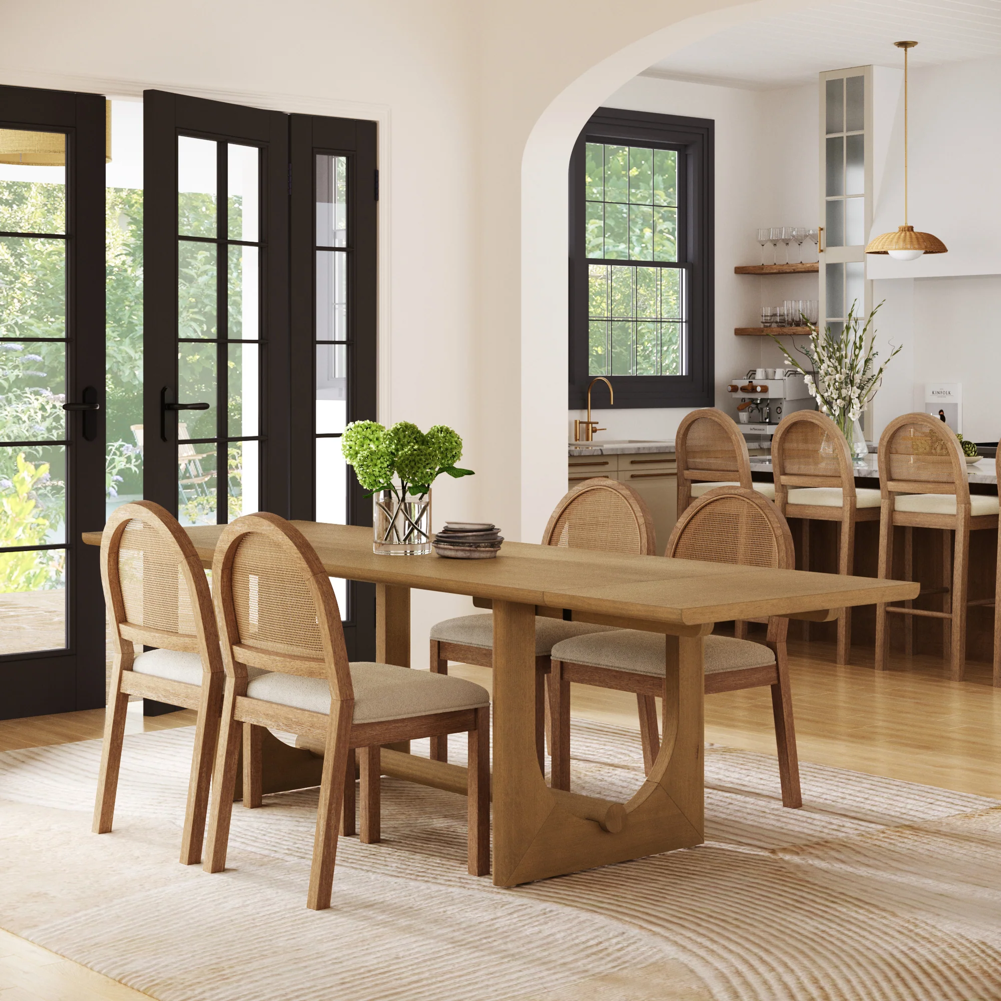 Extendable Mid-Century Rattan Dining Table Set (4 Chairs) - Image 2