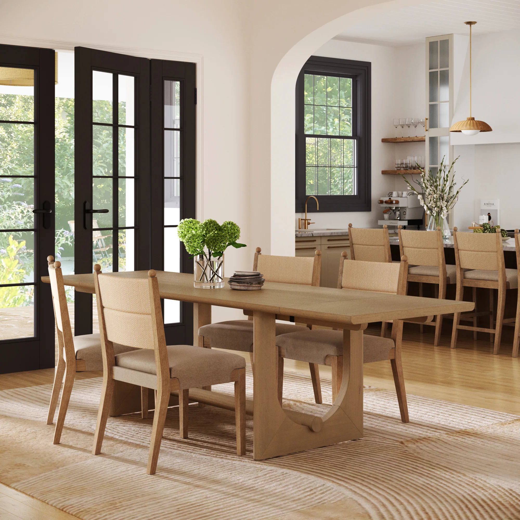 Extendable Mid-Century Seagrass Dining Table Set (4 Chairs) - Image 2