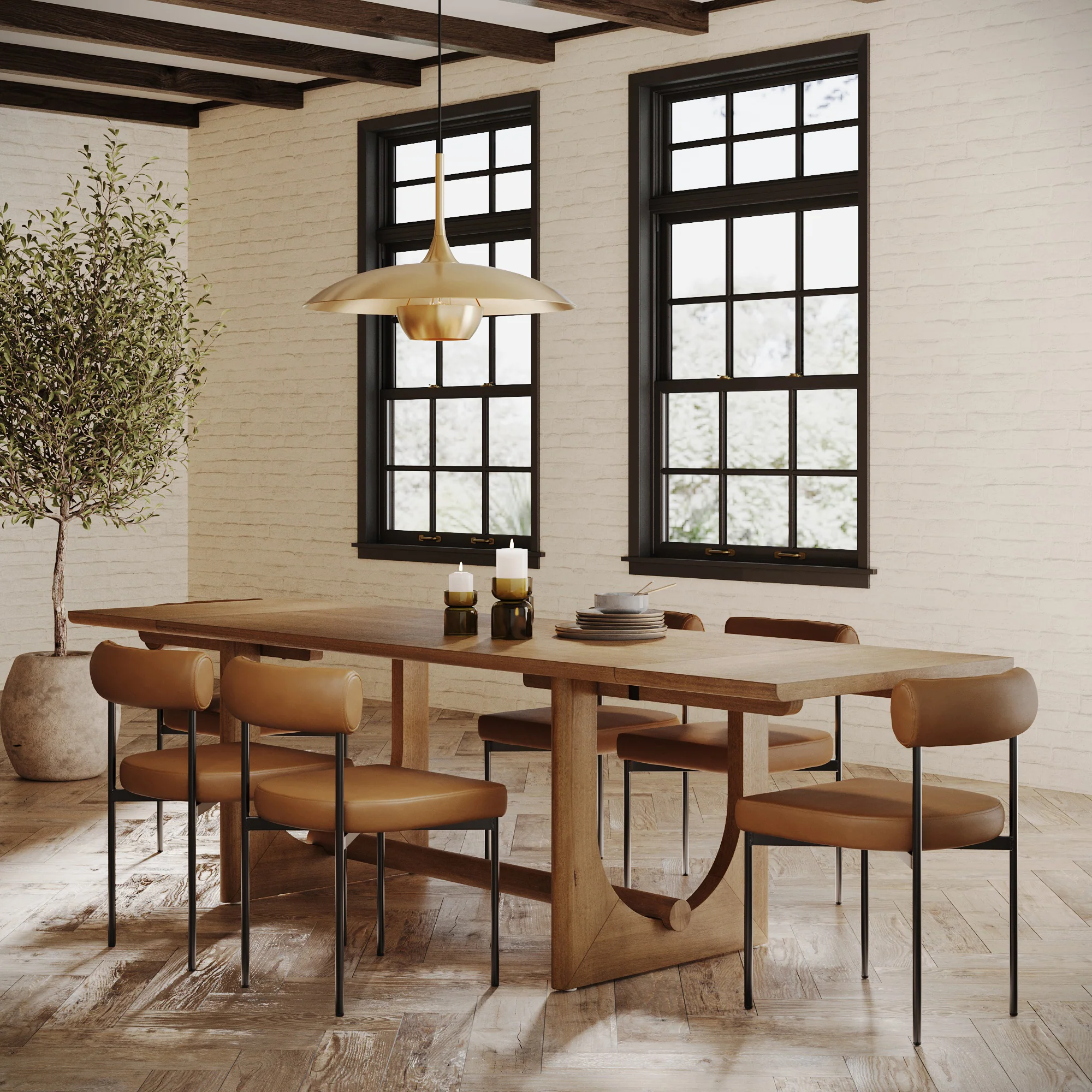 Extendable Mid-Century Faux Leather Dining Table Set (6 Chairs)