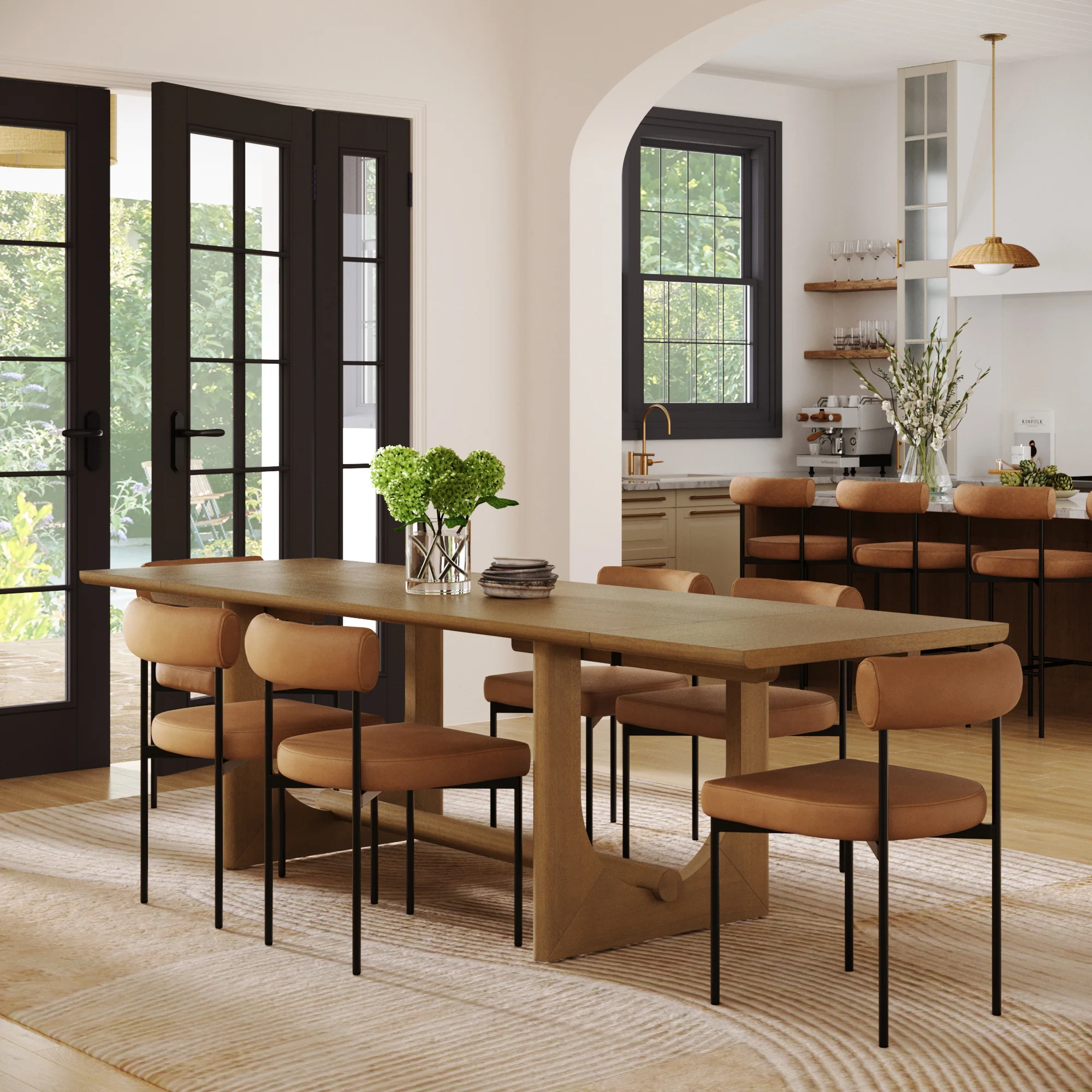 Extendable Mid-Century Faux Leather Dining Table Set (6 Chairs) - Image 2