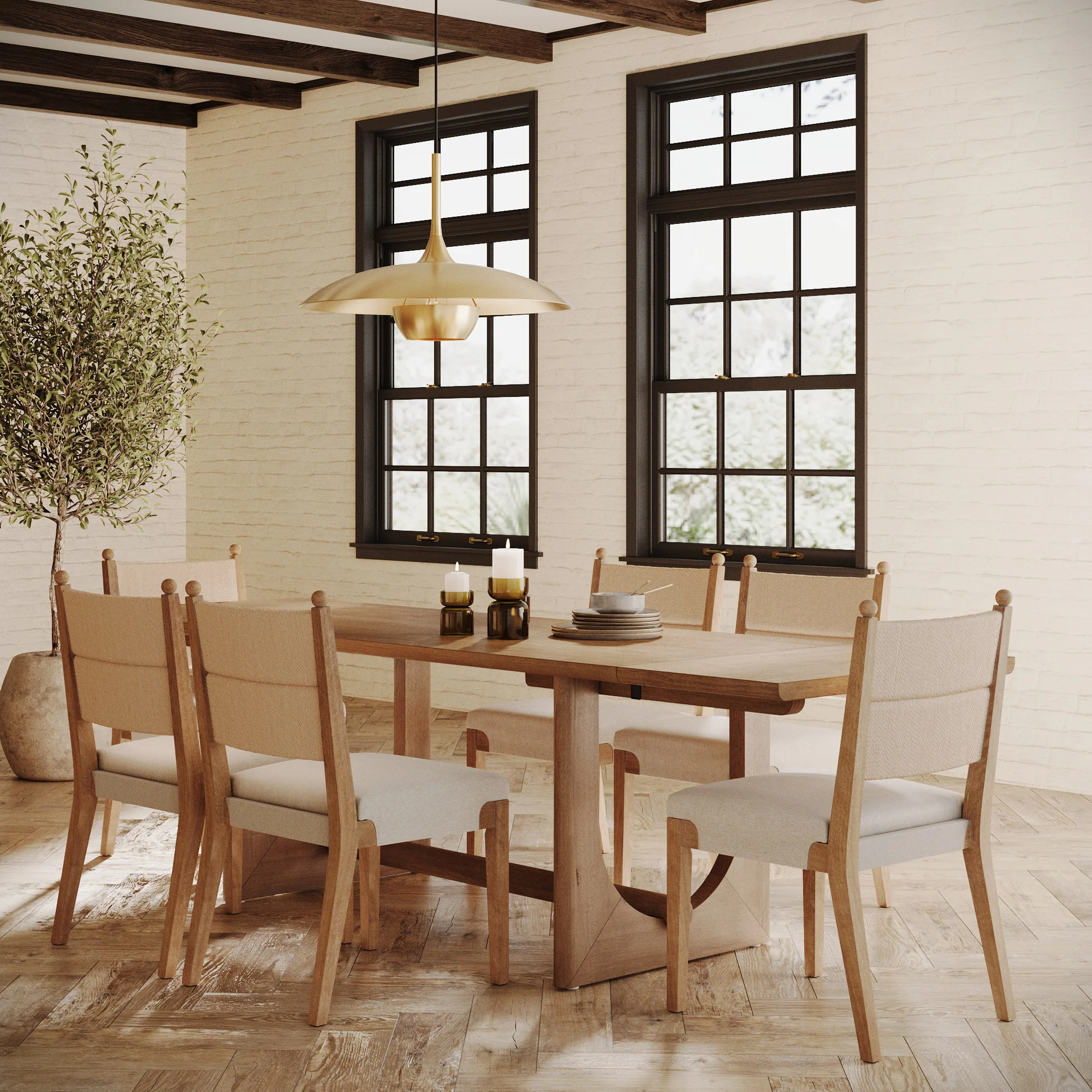 Extendable Mid-Century Seagrass Dining Table Set (6 Chairs)