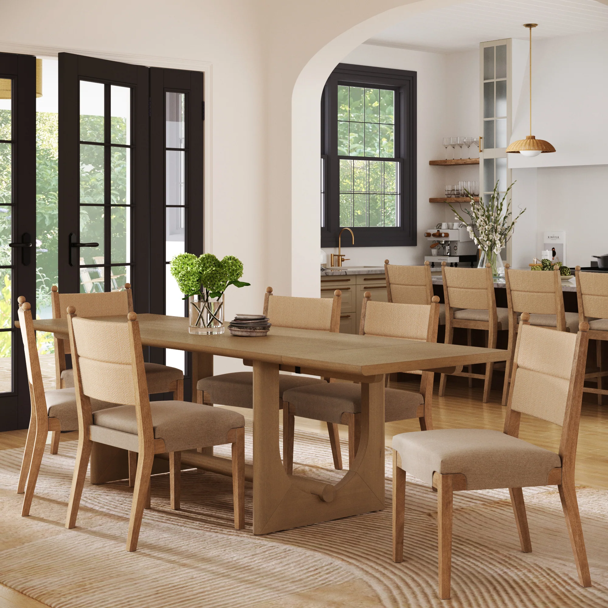 Extendable Mid-Century Seagrass Dining Table Set (6 Chairs) - Image 2