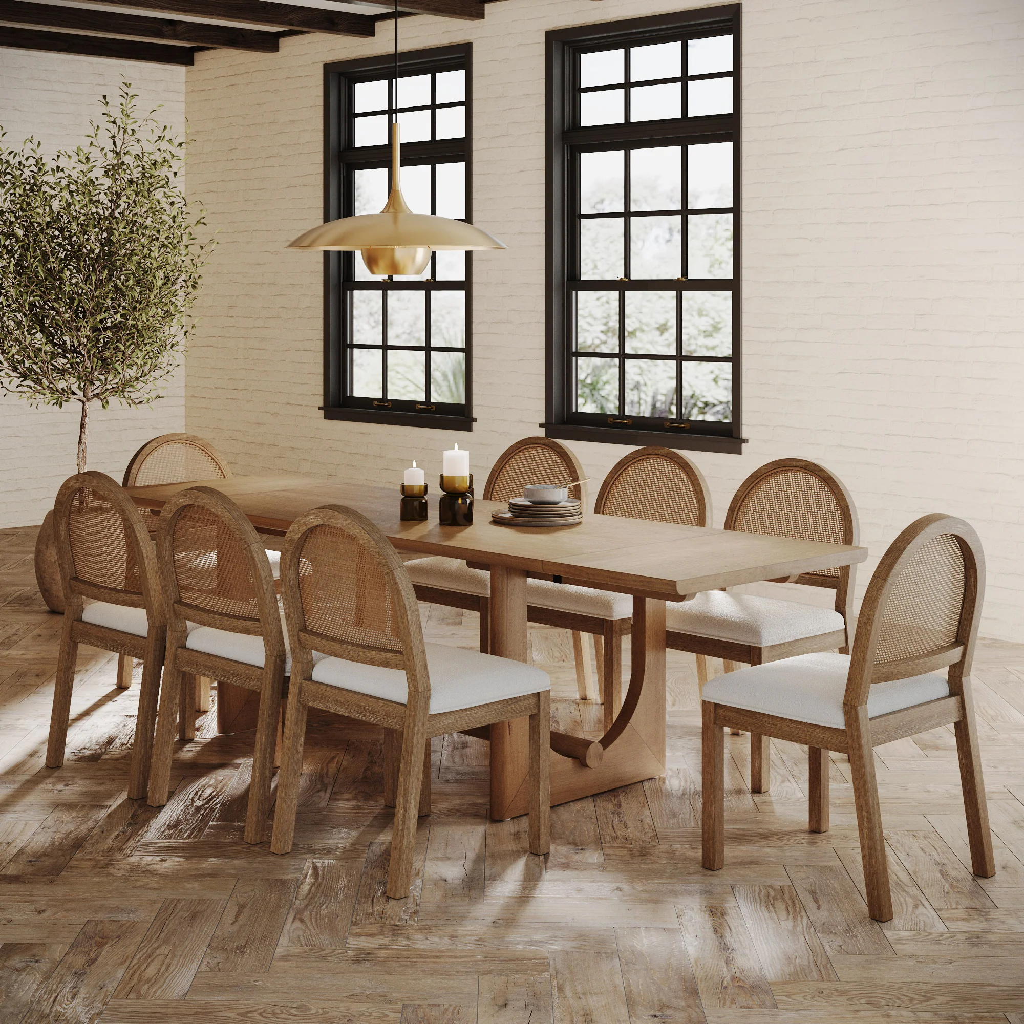 Extendable Mid-Century Rattan Dining Table Set (8 Chairs)