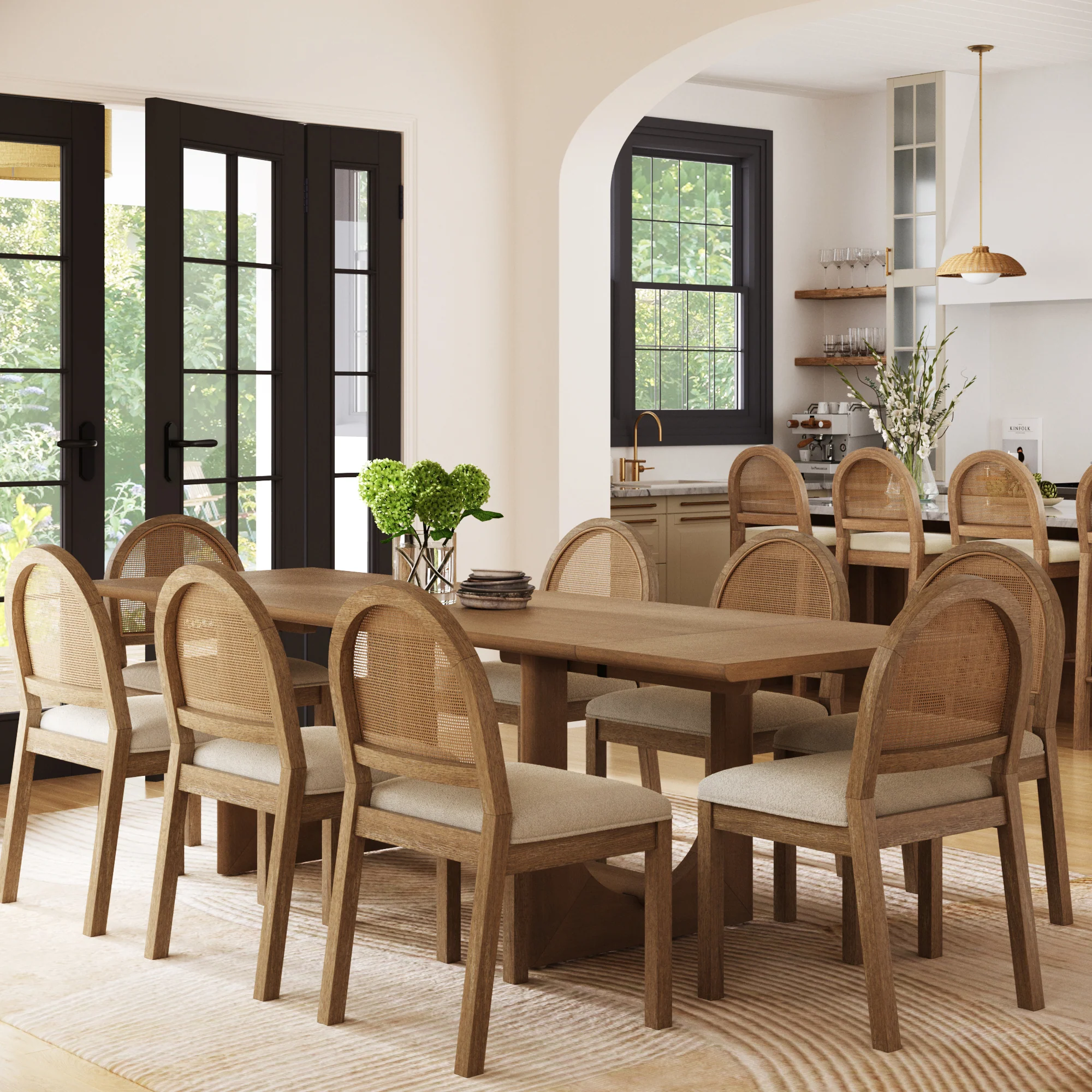 Extendable Mid-Century Rattan Dining Table Set (8 Chairs) - Image 2
