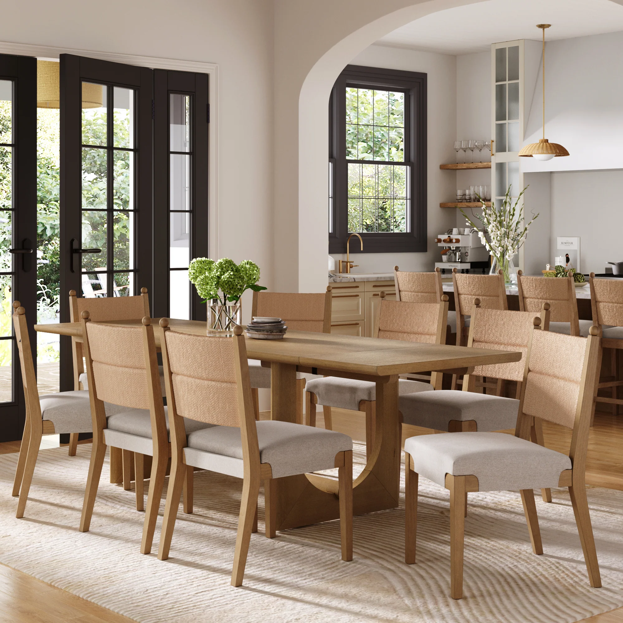 Extendable Mid-Century Seagrass Dining Table Set (8 Chairs) - Image 2