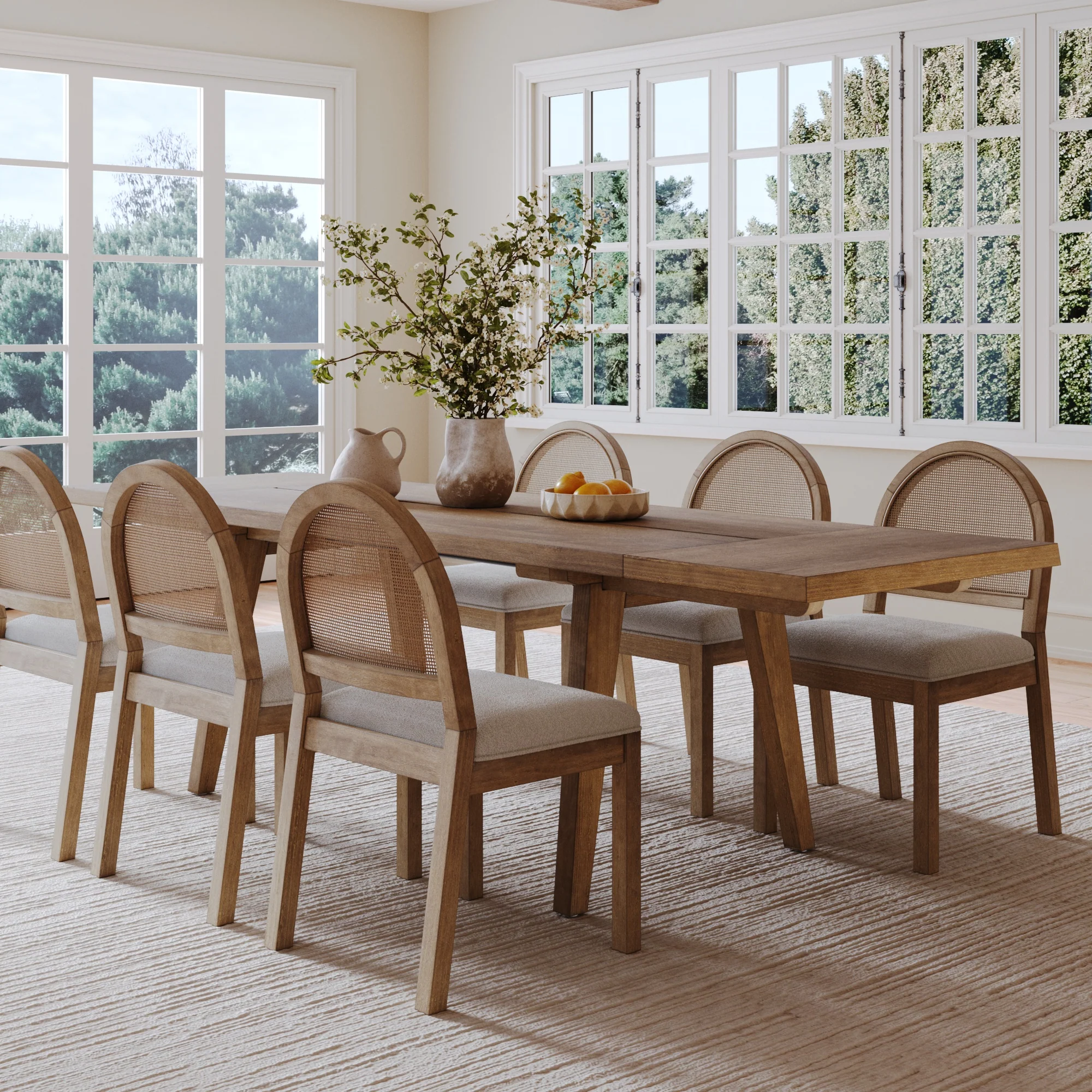 Extendable Boho Rattan Dining Table Set (6 Chairs)