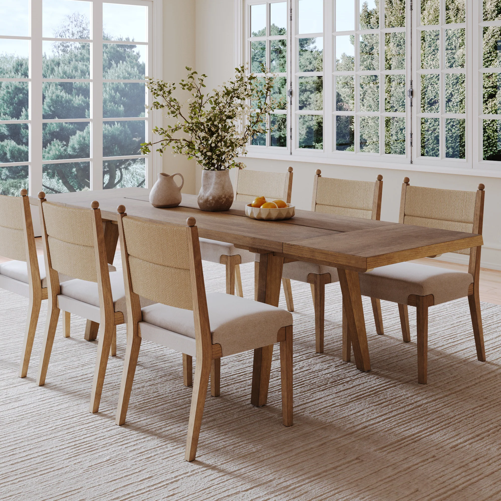 Extendable Bohemian Seagrass Dining Table Set (6 Chairs)