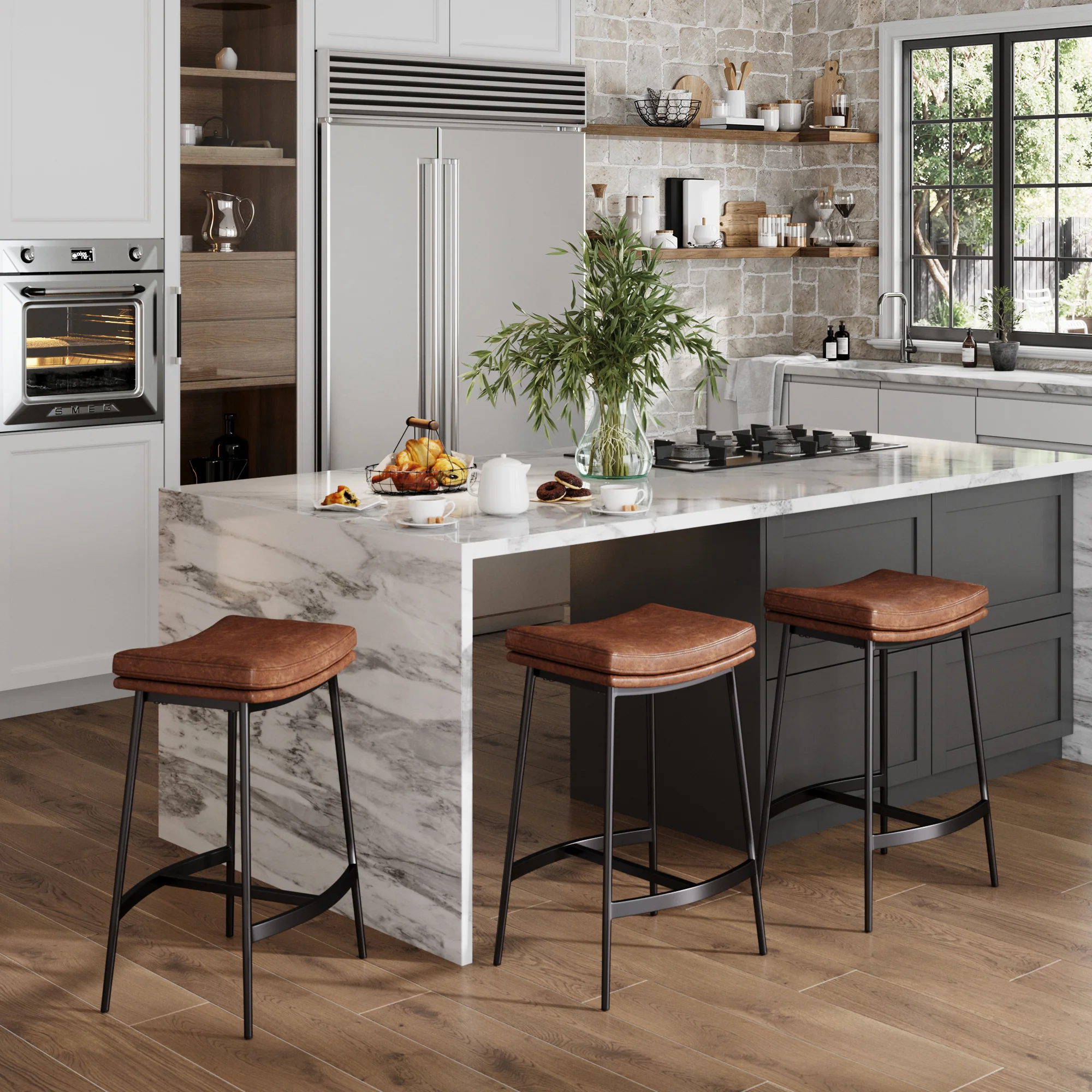 Faux Leather Counter Height Saddle Bar Stools (Set of 3) - Image 2