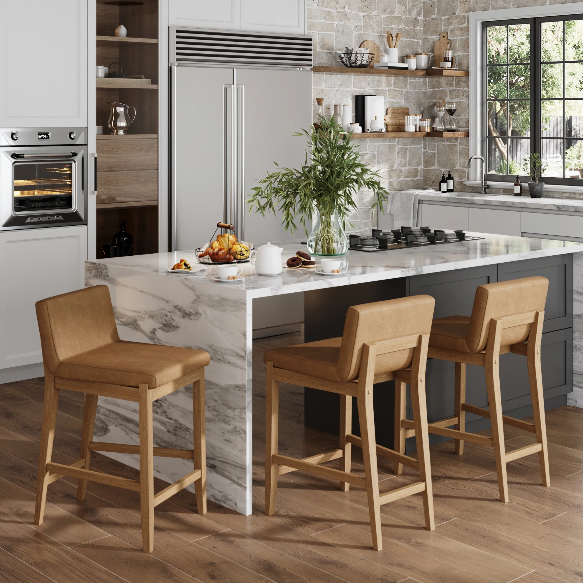 Faux Leather Counter Height Bar Stools Light Brown (Set of 3) - Image 2