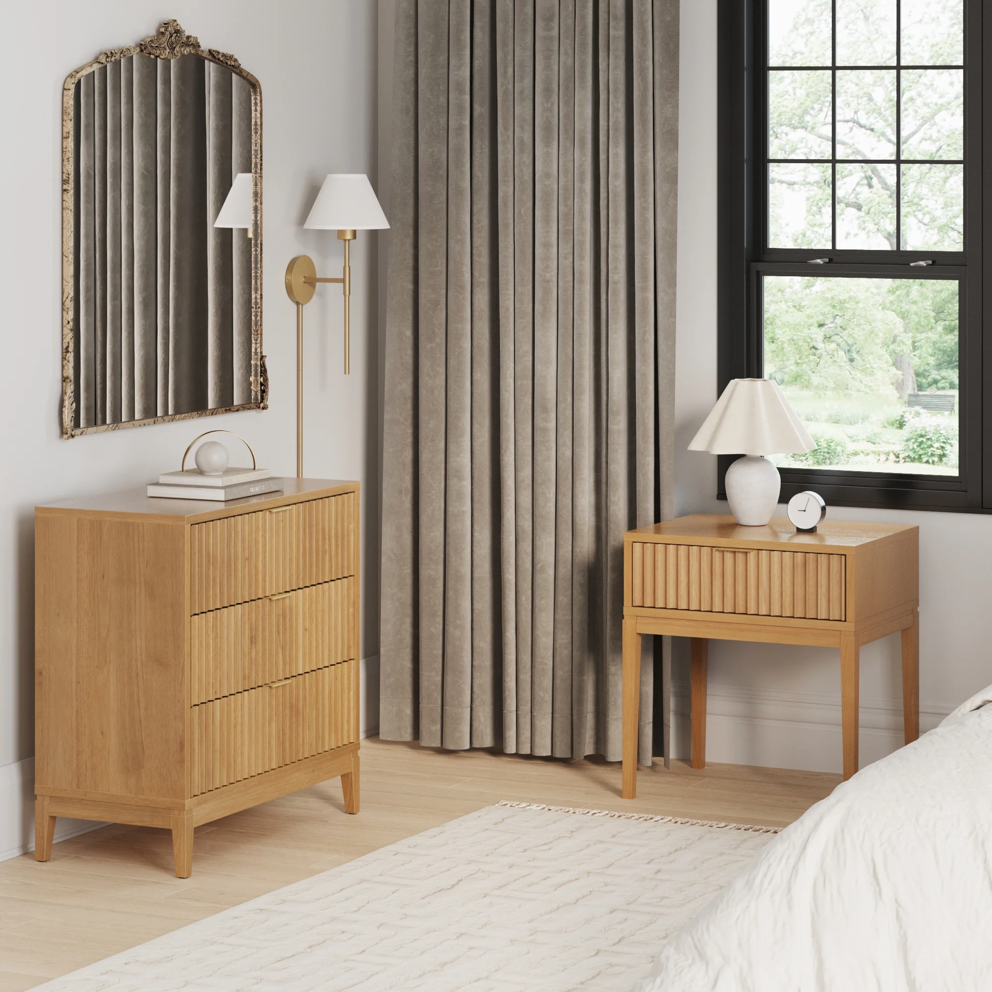 Fluted Dresser and 2 Nightstands Set Warm Pine - Image 2
