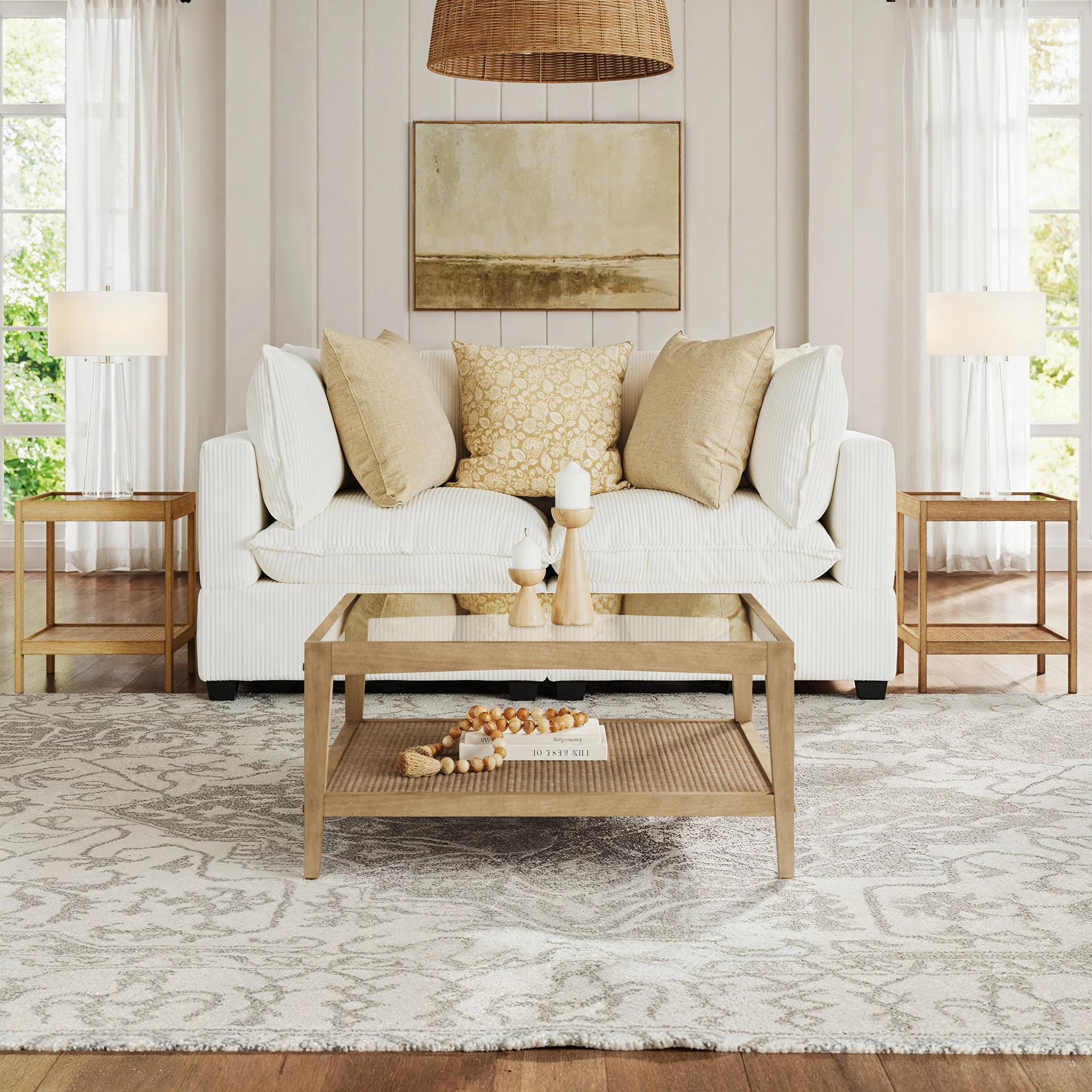 Glass 3-Piece Coffee Table Living Room Set with Rattan Shelf - Image 2