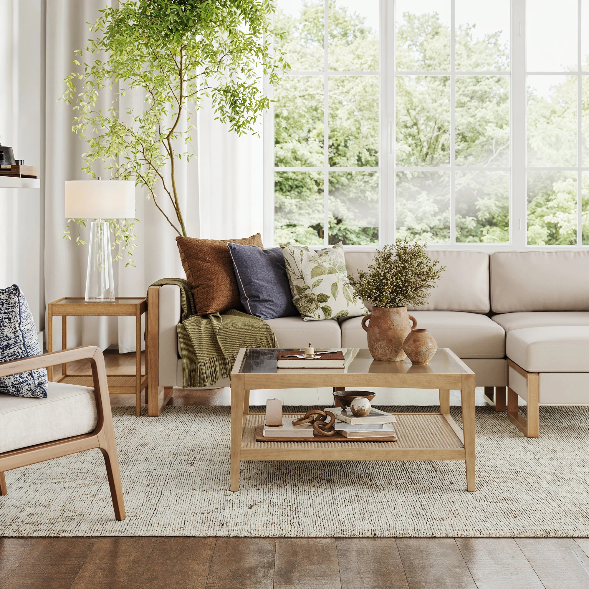 Glass Coffee Table & End Table Set with Rattan Shelf - Image 2