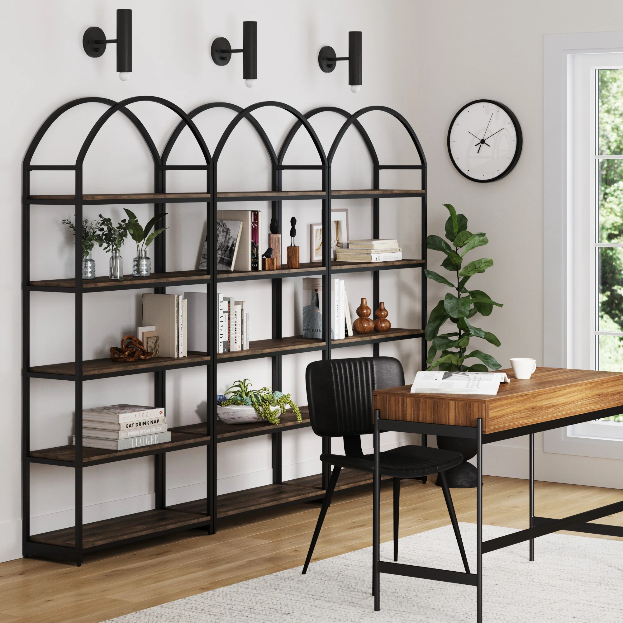 Metal 5-Shelf Arched Bookshelves Black (Set of 3) - Image 2