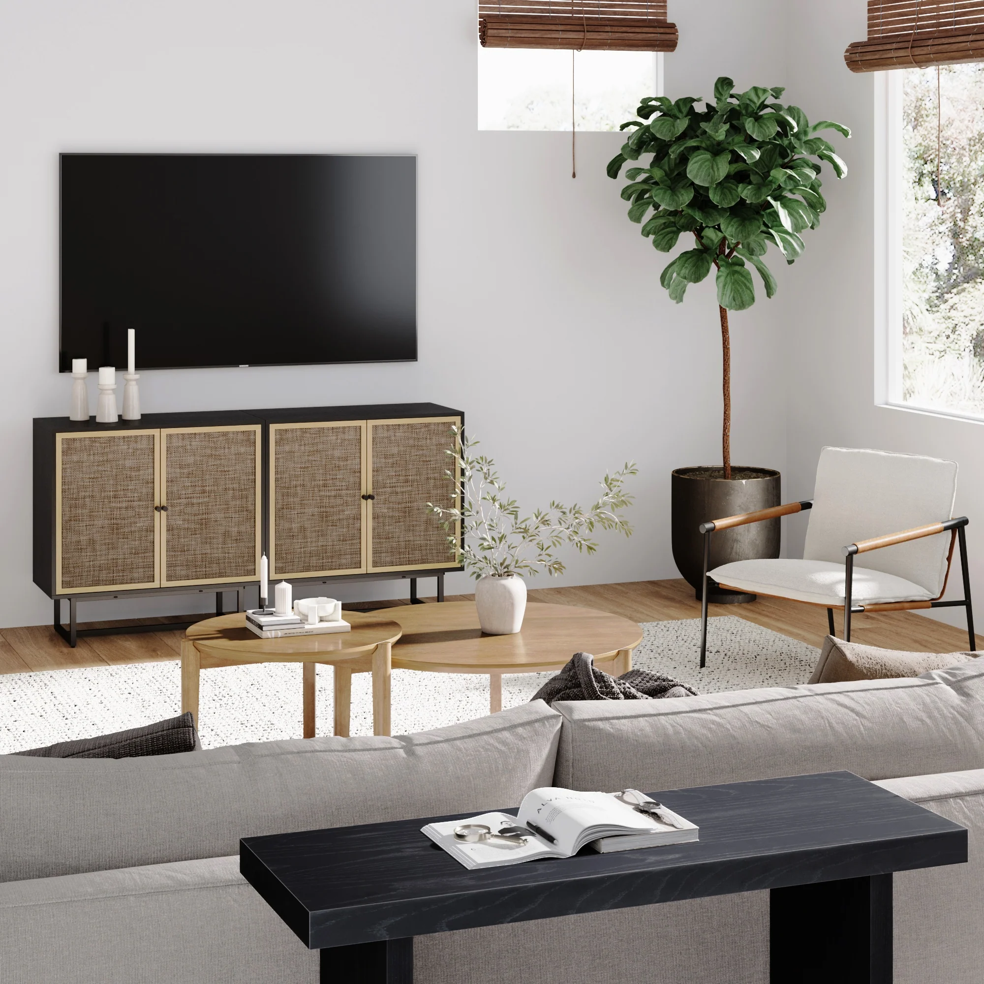 Metal and Rattan TV Stand Console for TVs 55-65" Black Oak - Image 2