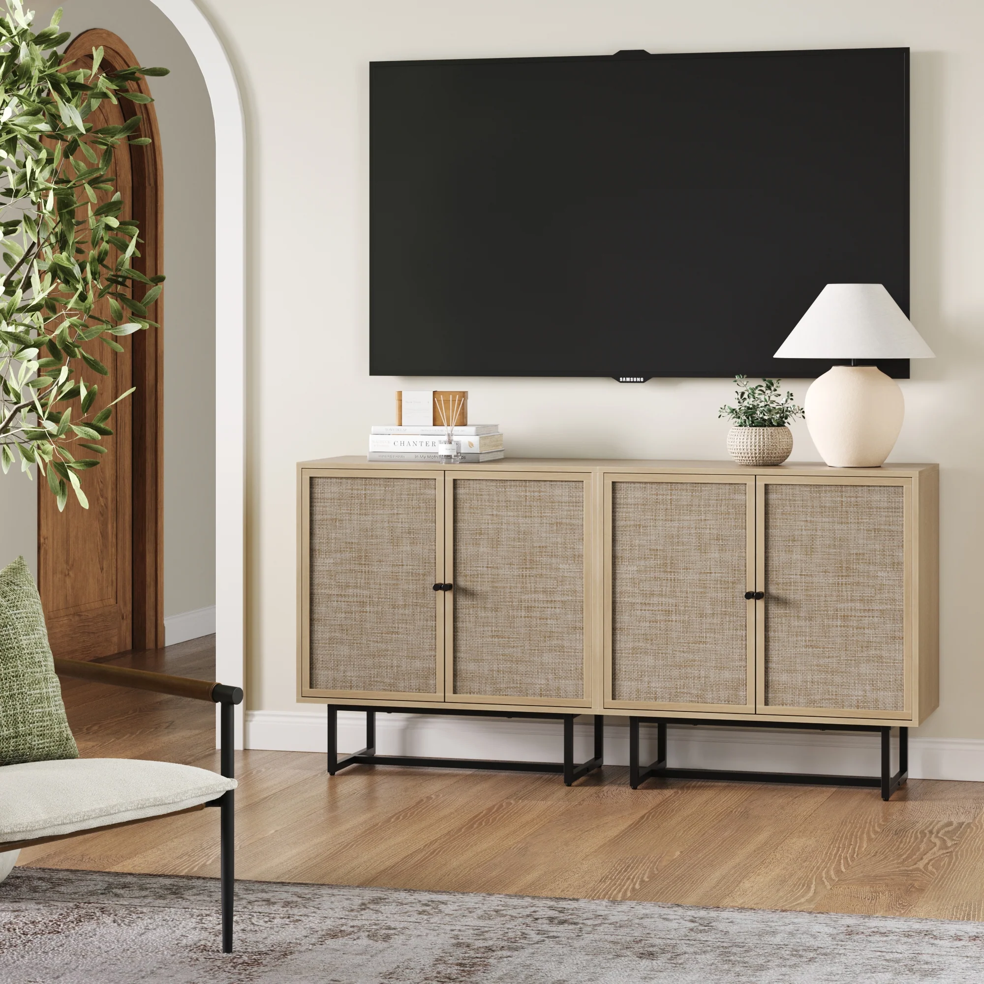 Metal and Rattan TV Stand Console for TVs 55-65" Light Oak