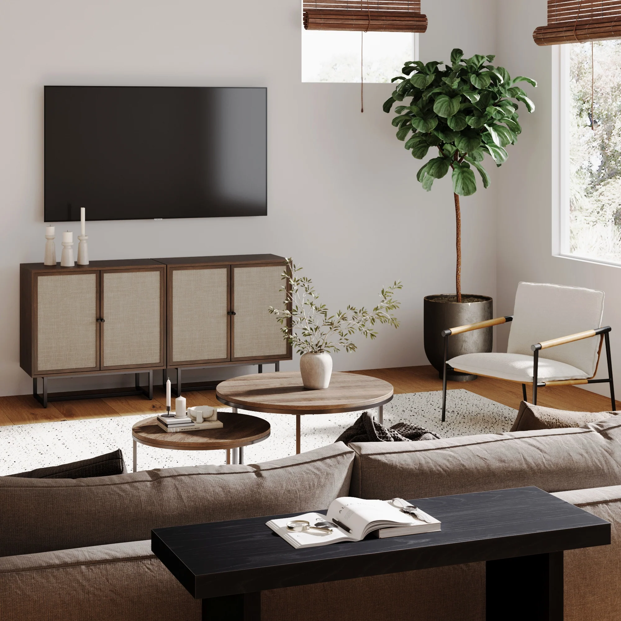 Metal and Rattan TV Stand Console for TVs 55-65" Walnut - Image 2