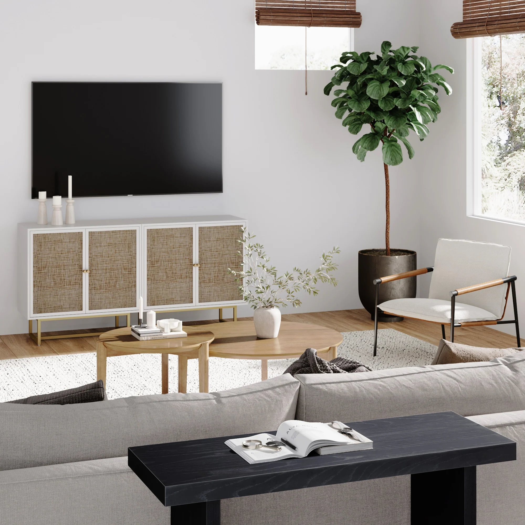 Metal and Rattan TV Stand Console for TVs 55-65" White - Image 2