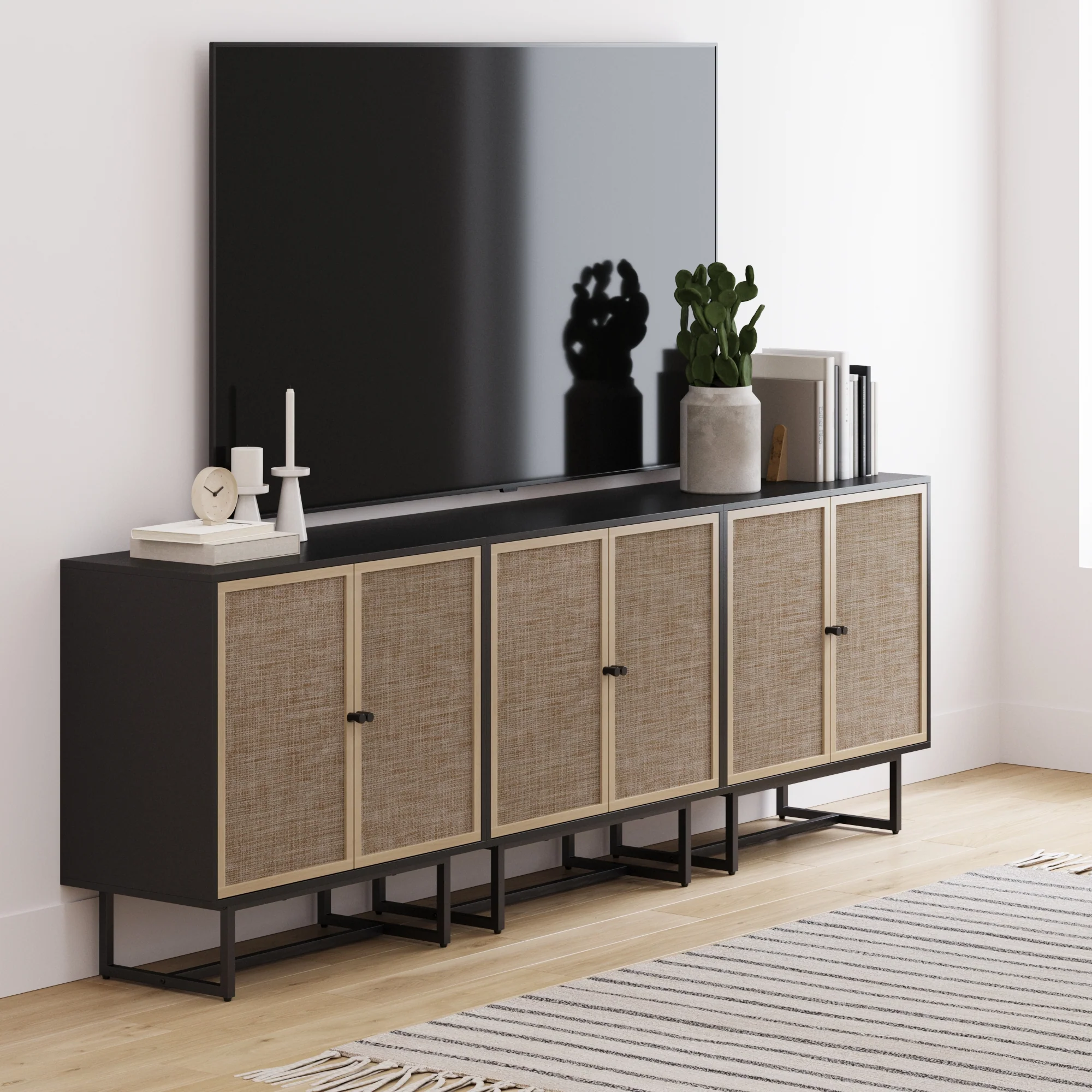 Metal and Rattan TV Stand Console for TVs 75-85" Black Oak