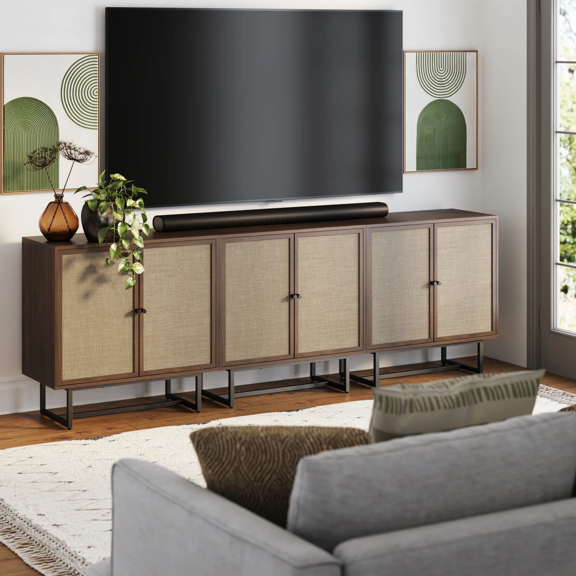 Metal and Rattan TV Stand Console for TVs 75-85" Walnut