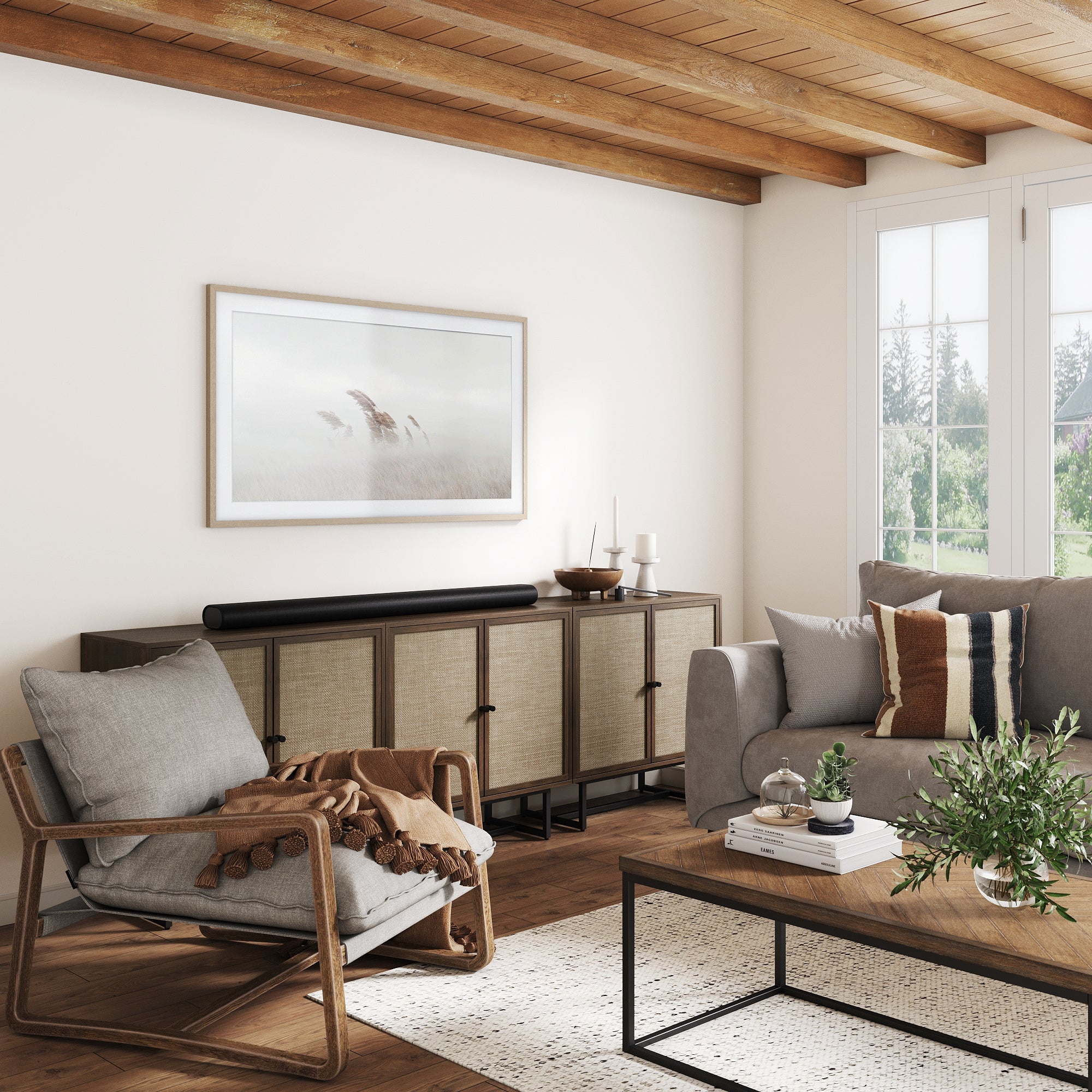 Metal and Rattan TV Stand Console for TVs 75-85" Walnut - Image 2
