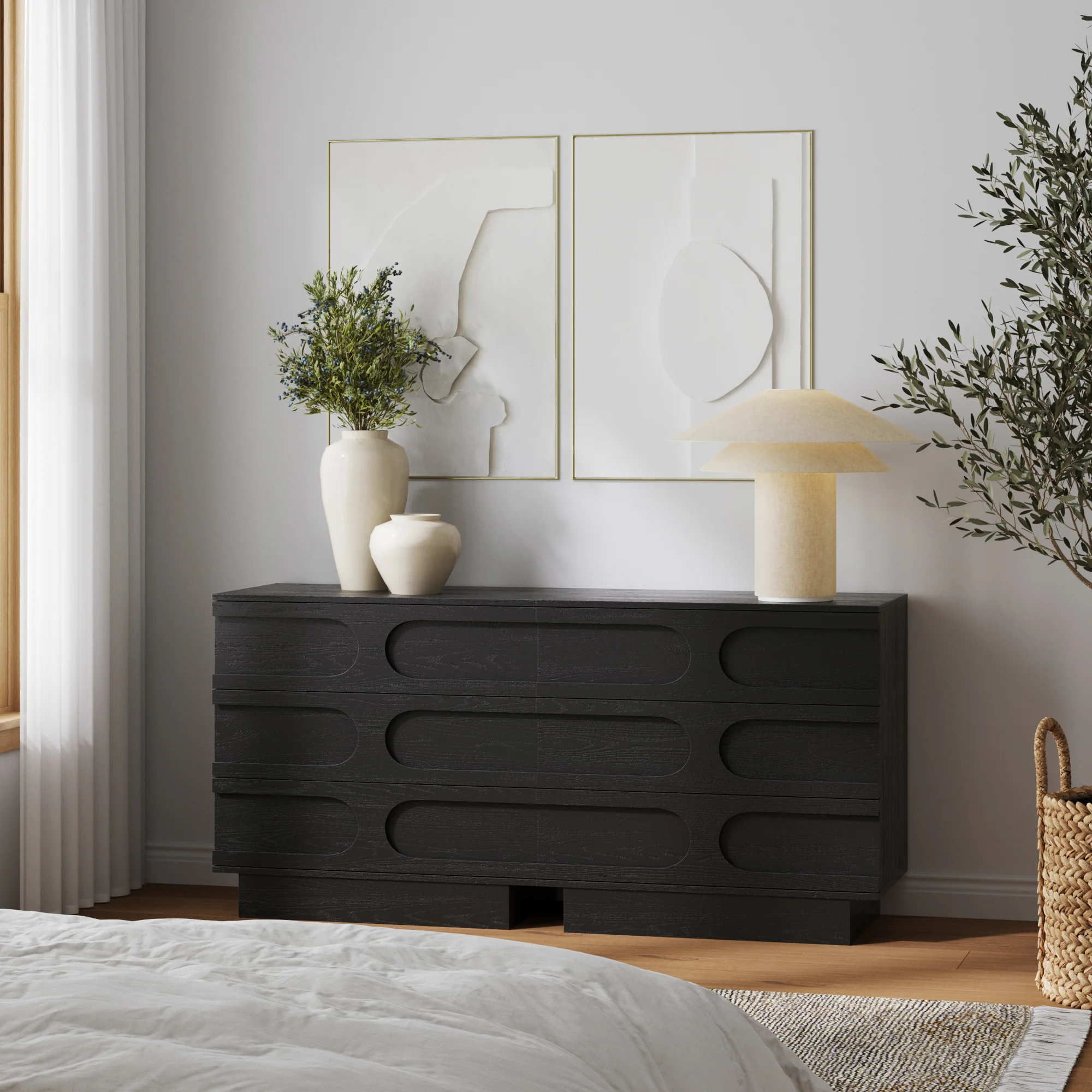 Mid-Century 3-Drawer Arched Dresser Black Oak - Image 2