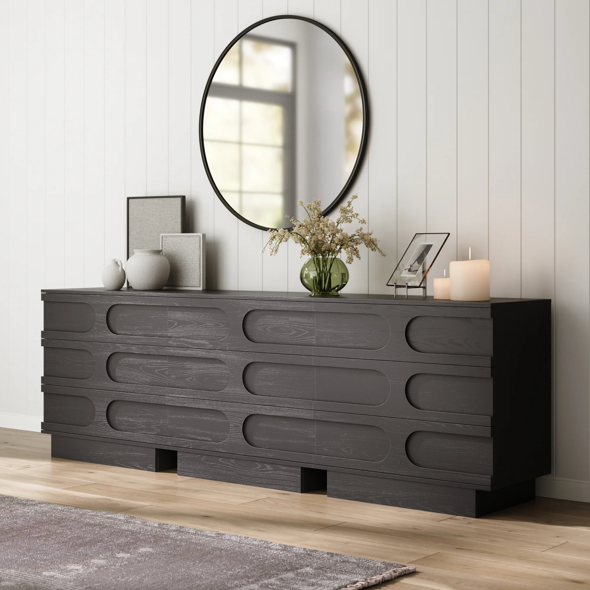 Mid-Century 3-Drawer Arched Dresser Black Oak (Set of 3)