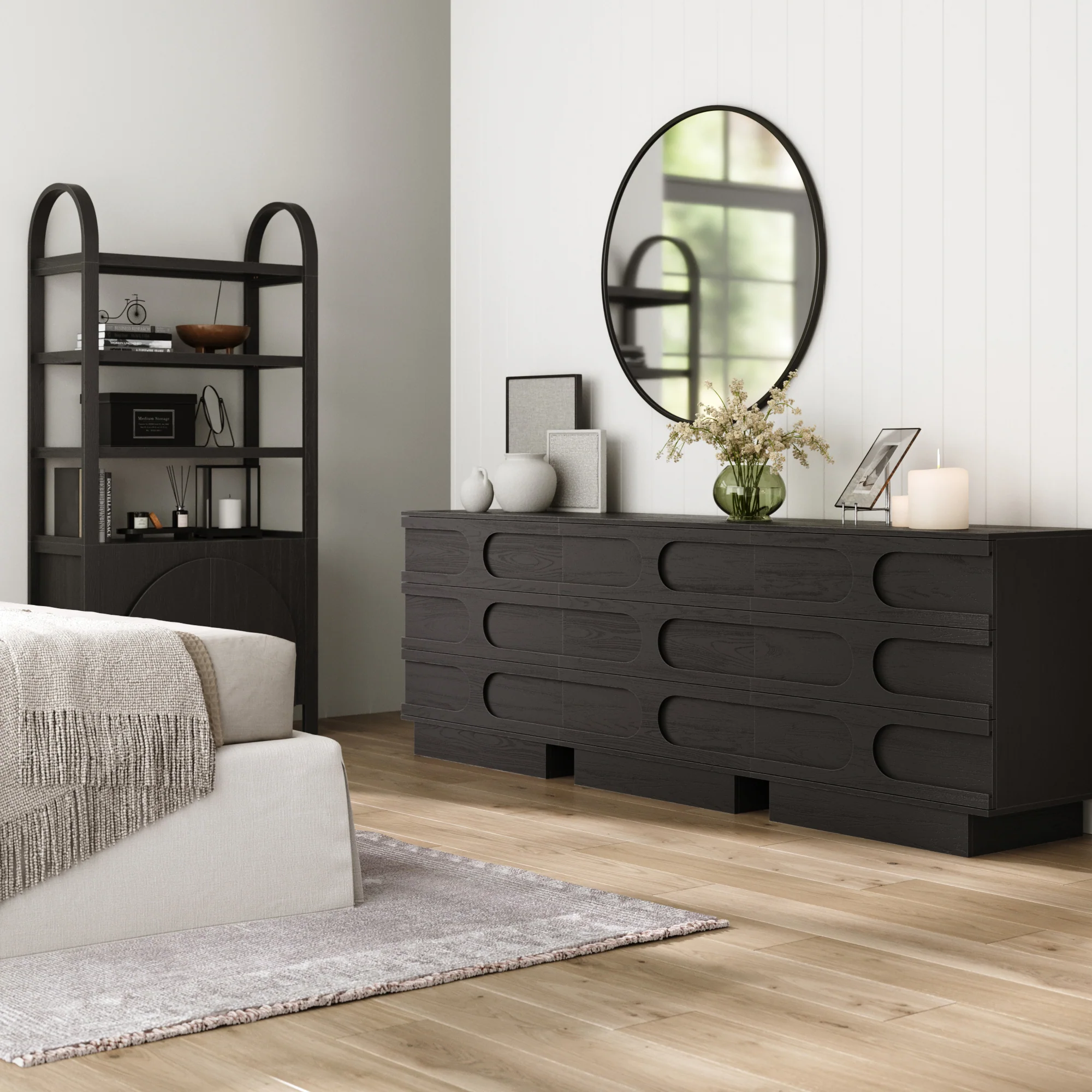 Mid-Century 3-Drawer Arched Dresser Black Oak (Set of 3) - Image 2