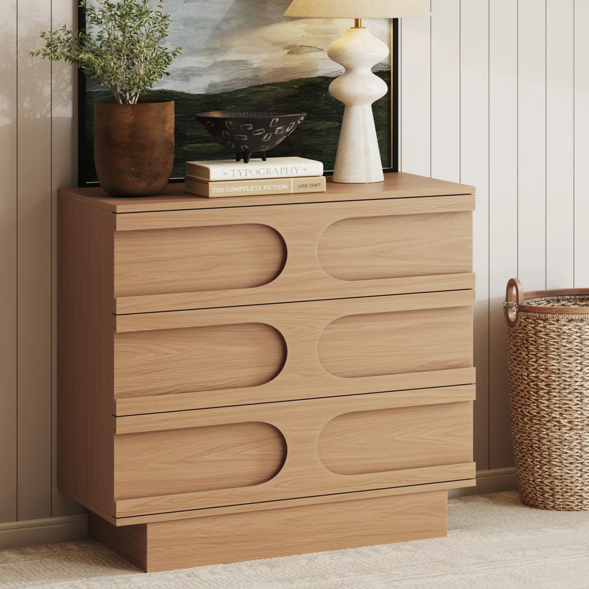 Mid-Century 3-Drawer Arched Dresser Raw Oak