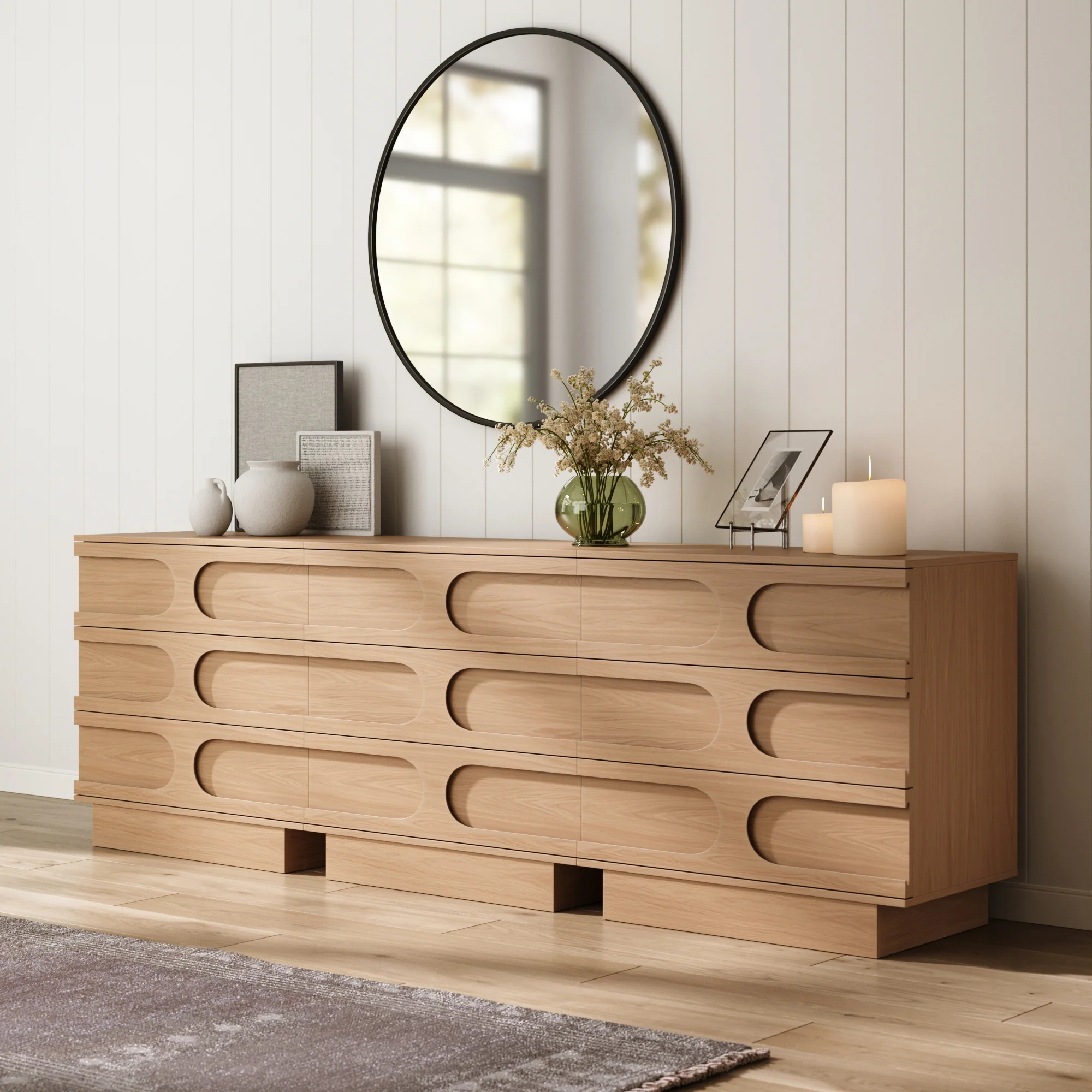 Mid-Century 3-Drawer Arched Dresser Raw Oak (Set of 3)