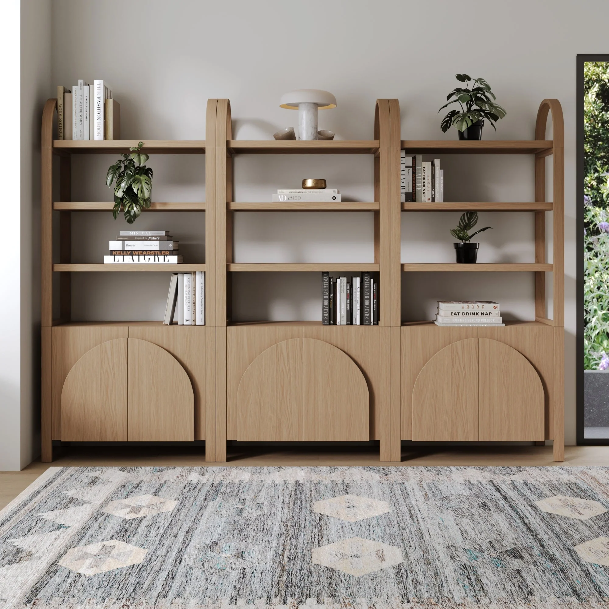Mid-Century Arched Door Bookshelf with Doors Raw Oak (Set of 3)