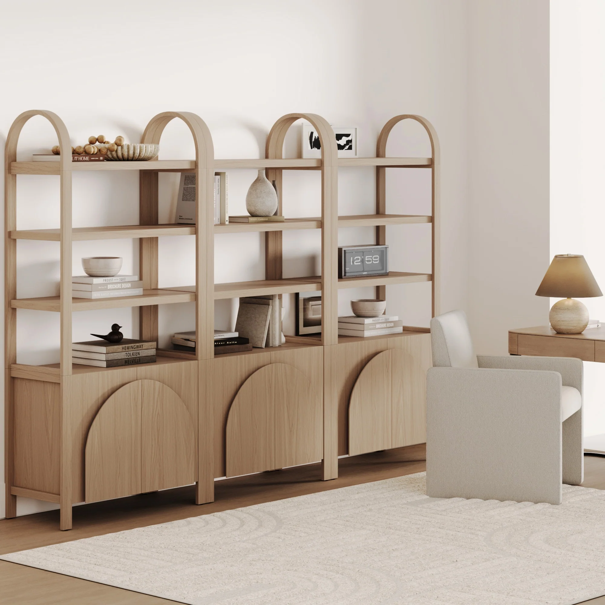 Mid-Century Arched Door Bookshelf with Doors Raw Oak (Set of 3) - Image 2