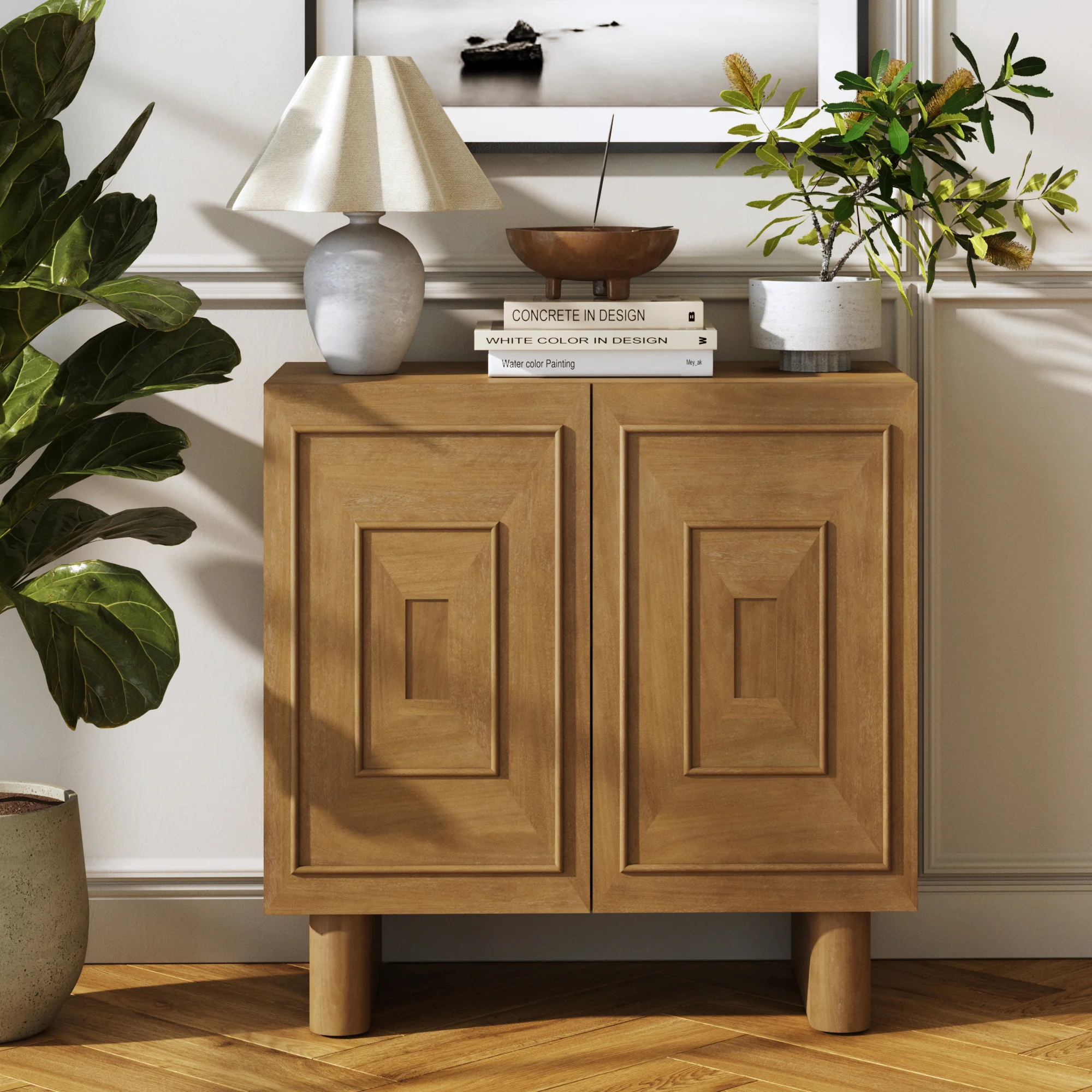 Mid Century Bar Cabinet Credenza with Sculpted Doors Light Brown