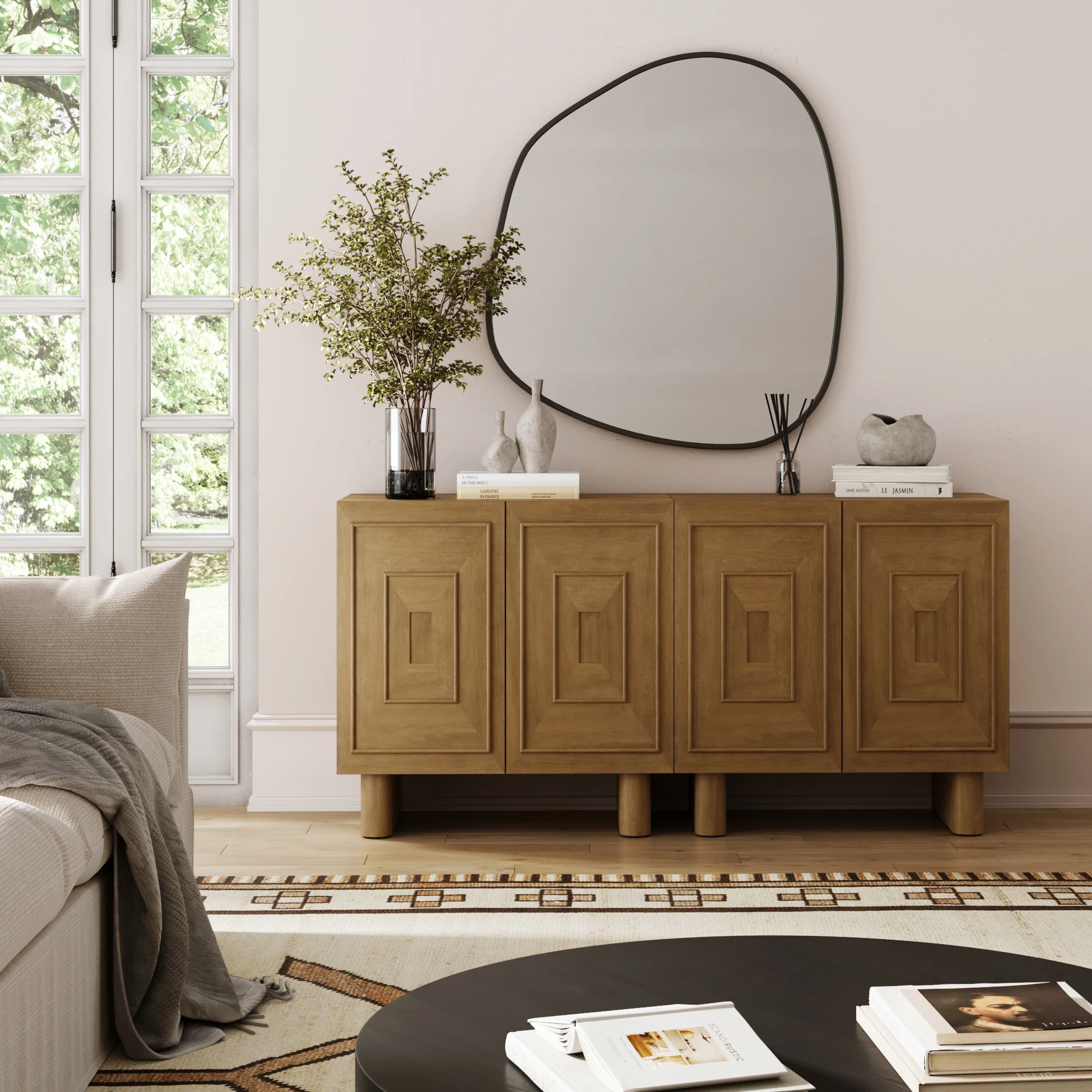 Mid Century Bar Cabinet Credenza with Sculpted Doors Light Brown - Image 2