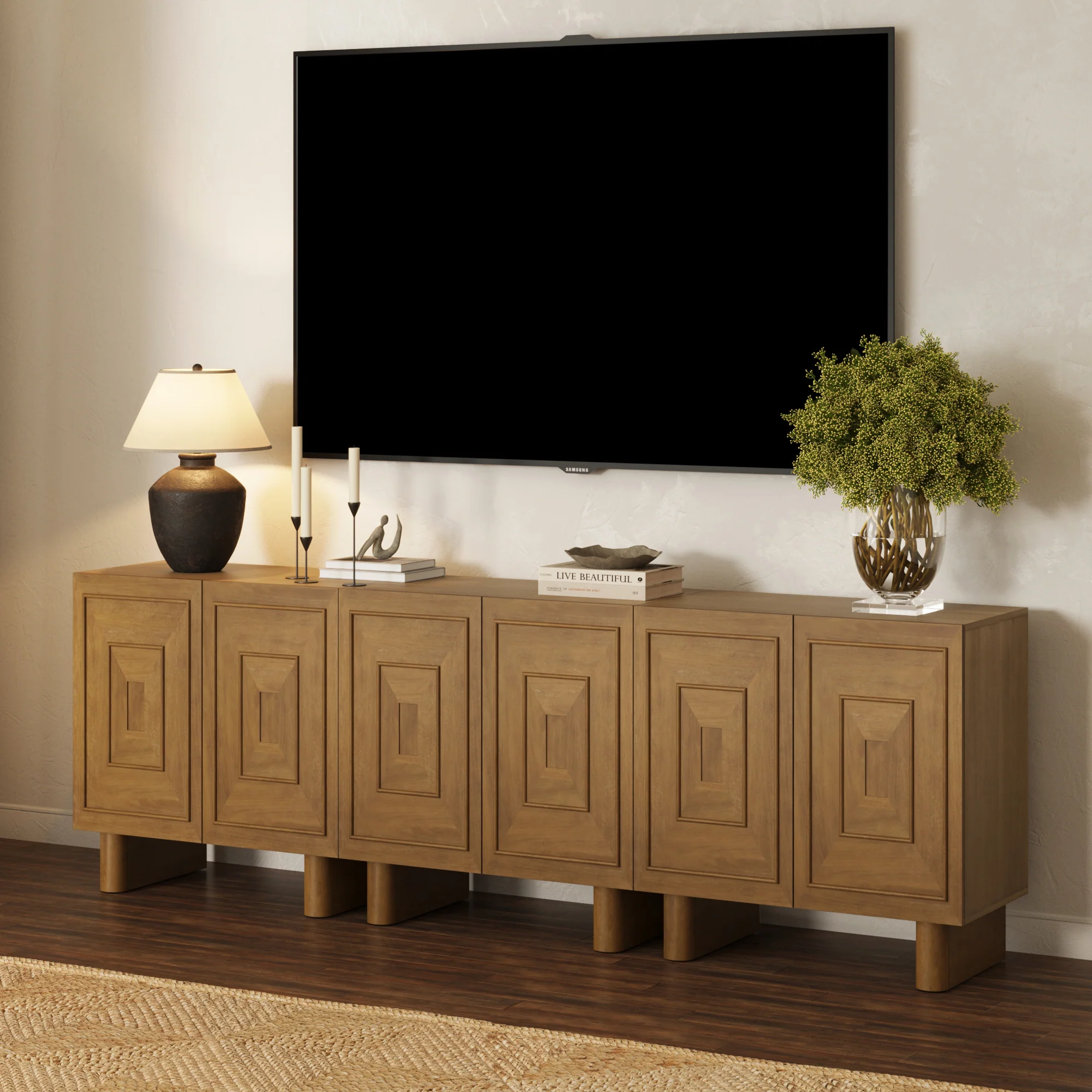 Mid Century Modern TV Console with Storage for 75-85" TVs Light Brown