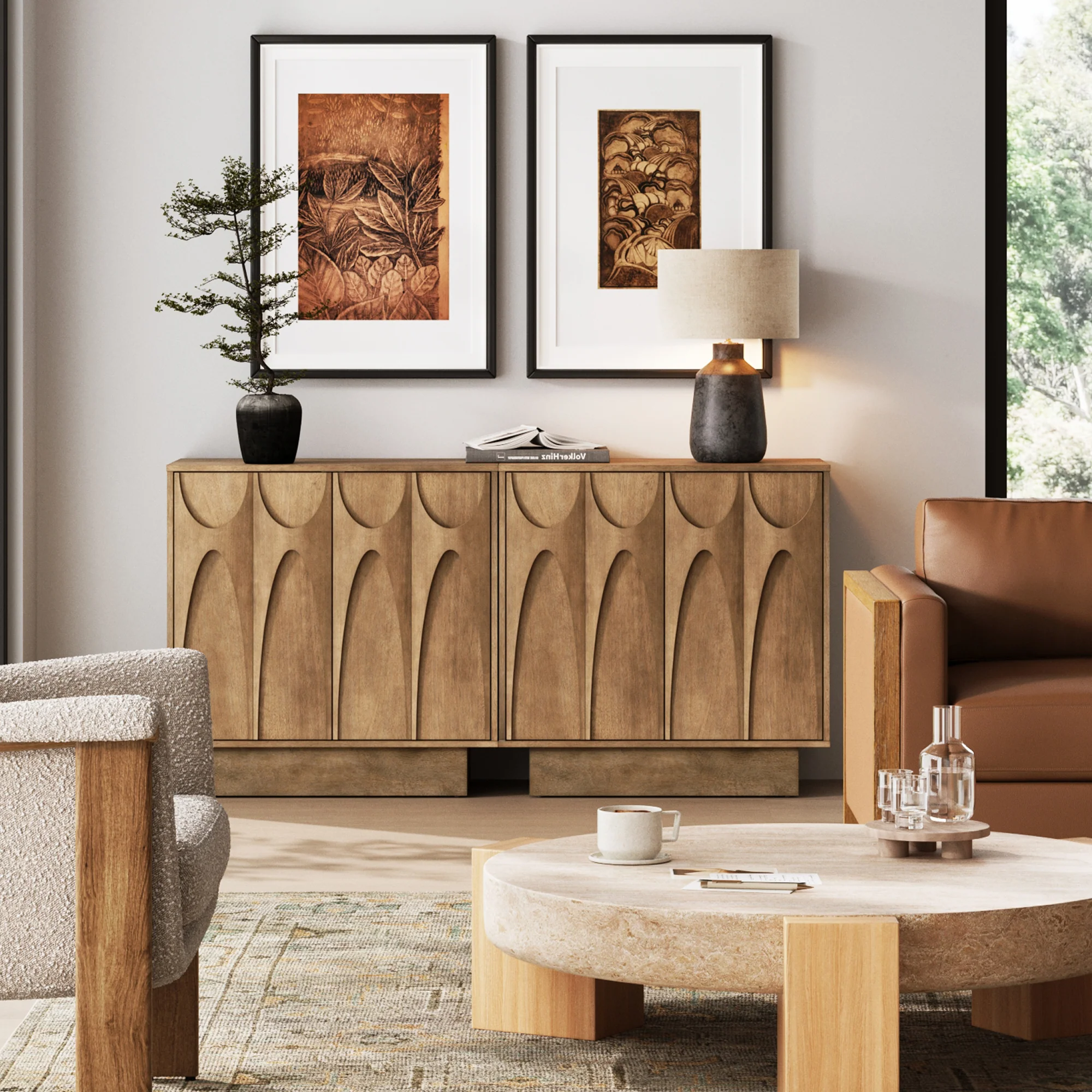 Mid Century Credenza with Antique Carved Doors Light Brown (Set of 2)