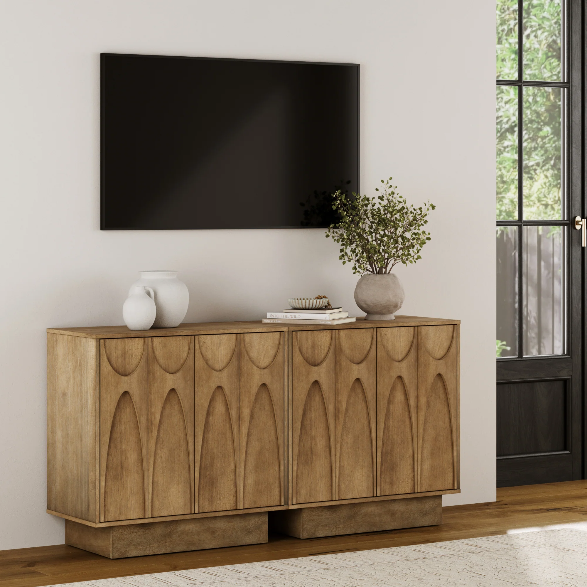 Mid Century Credenza with Antique Carved Doors Light Brown (Set of 2) - Image 2