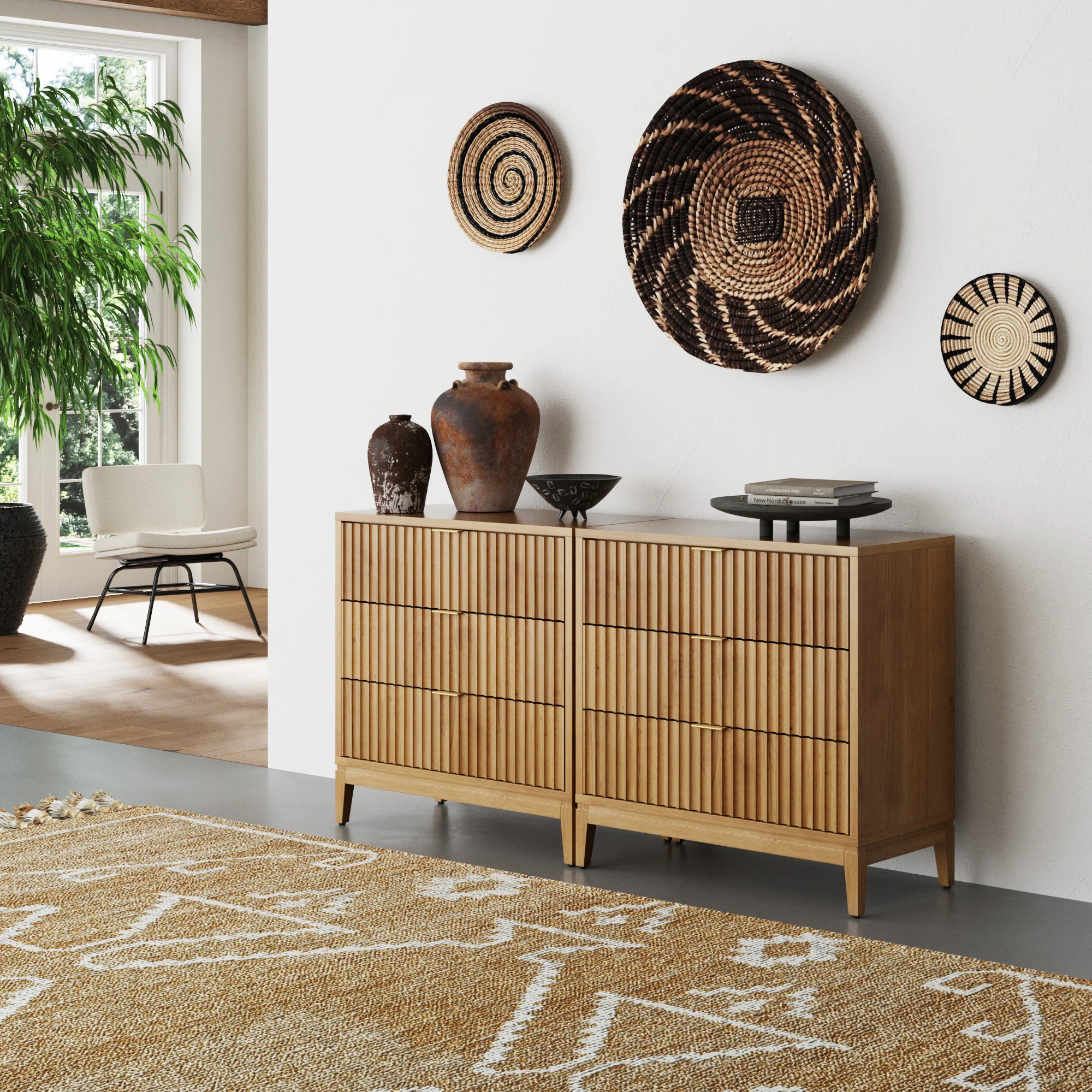 Mid-Century Fluted 3-Drawer Dressers Warm Pine (Set of 2) - Image 2