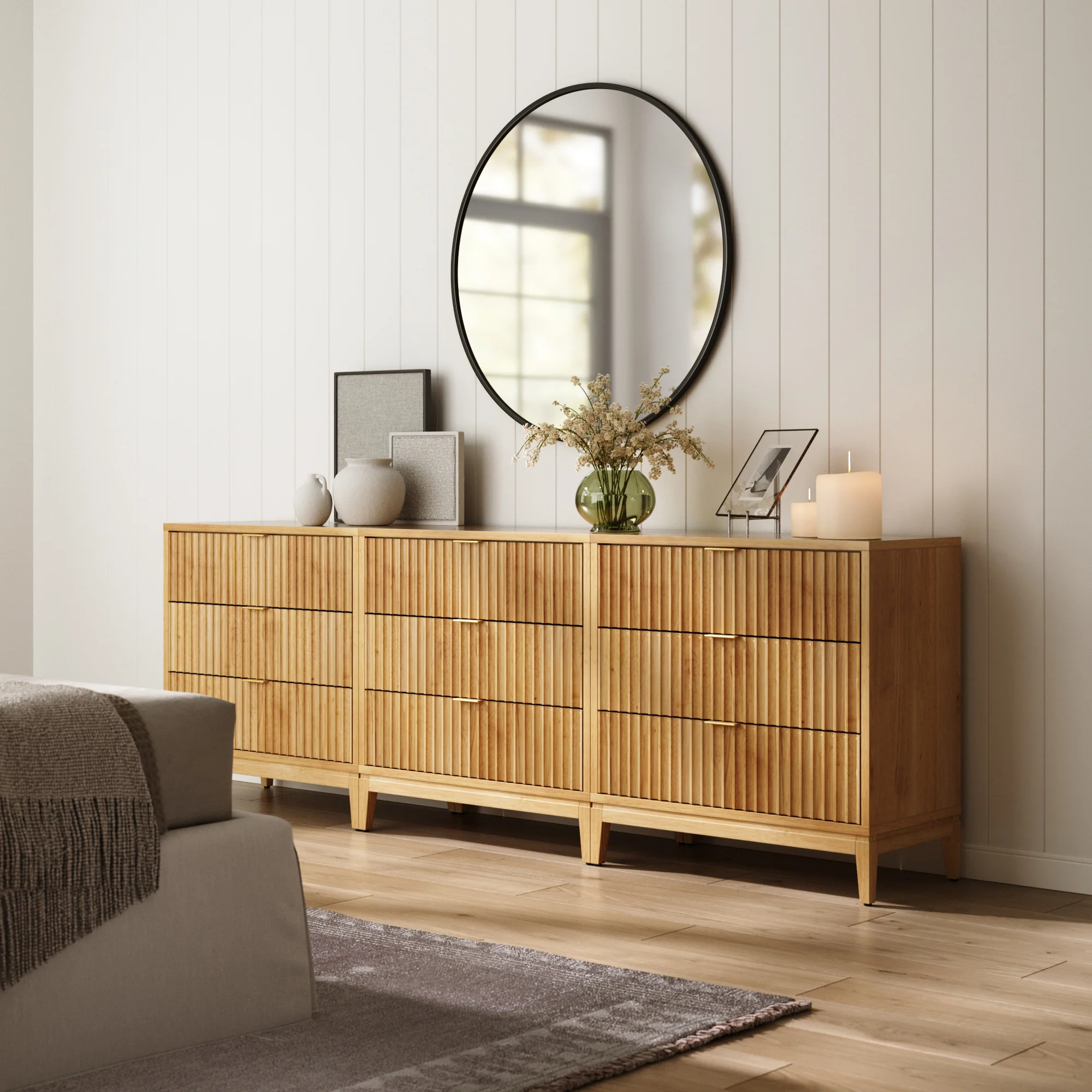 Mid-Century Fluted 3-Drawer Dressers Warm Pine (Set of 3)