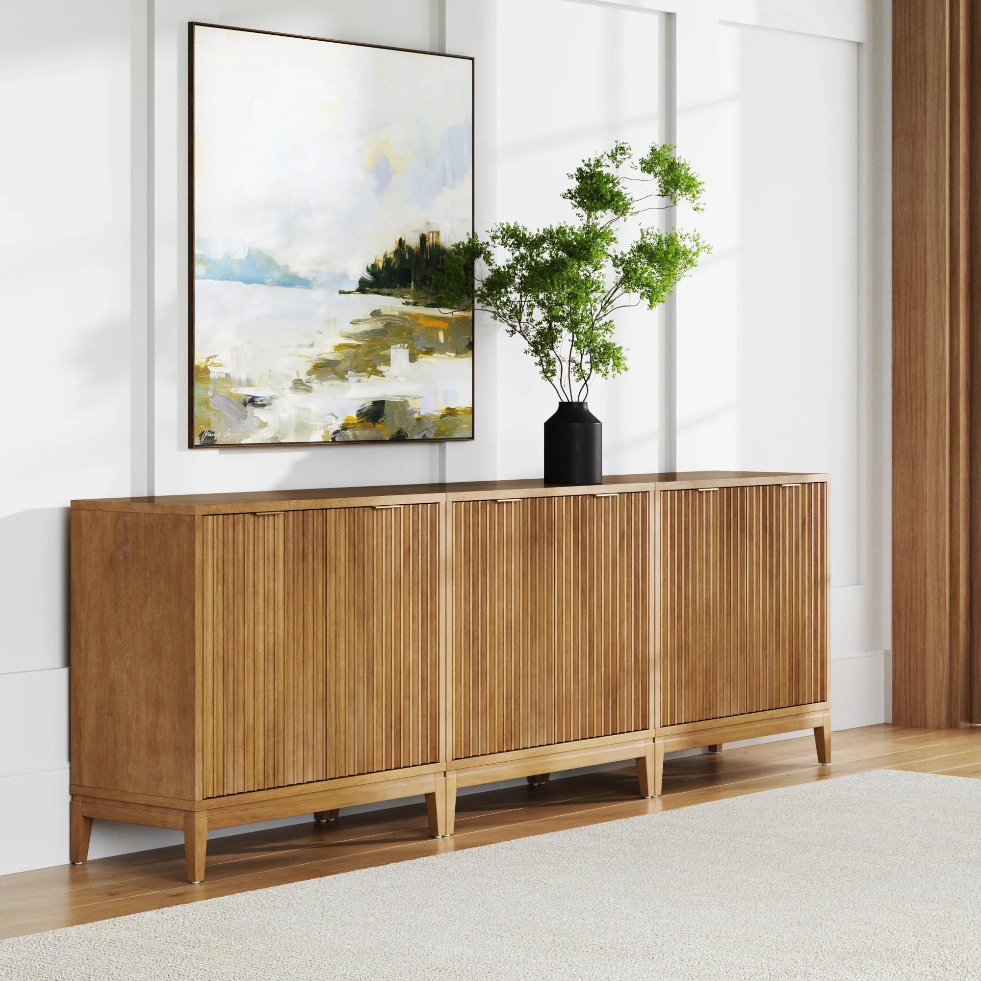 Mid-Century Fluted Storage Cabinet Credenza Light Brown (Set of 3)